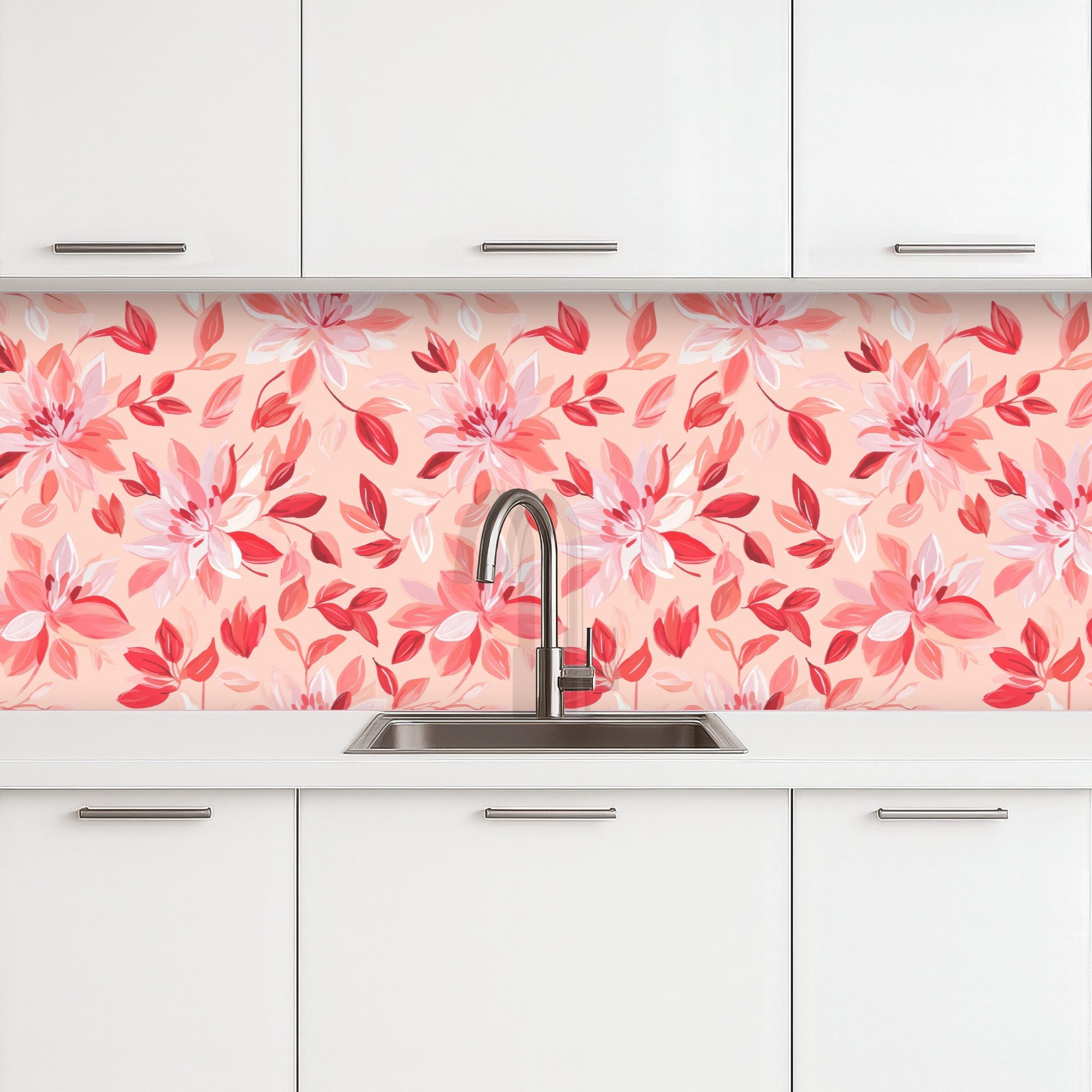 KitchenYeah Küchenrückwand selbstklebend (keine Folie) Botanisch - Blumen - Rot, (1-tlg), Spritzschutz, Küche, Rückwand, Küchenwand, Ohne Bohren, 250x80 cm