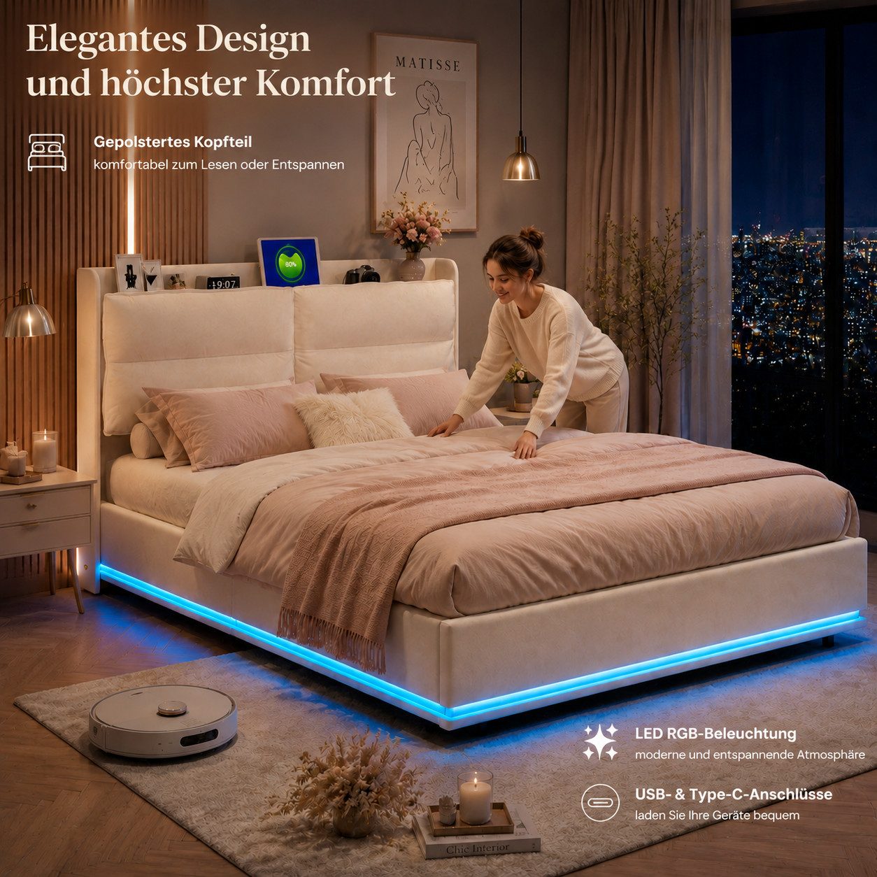 Simurq Polsterbett 160x200cm Stauraum-Kopfteil LED Rückenlehne (Geeignet für Erwachsene und Doppelbett), Stauraum‑Kopfteil,LED,Rückenlehne,Lattenrost – Bild 3 von 5