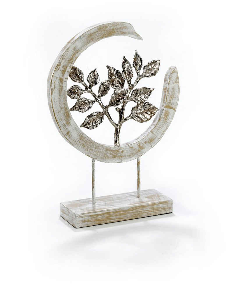 Moritz Skulptur Skulptur Silber Blätter 10x34x47cm, Dekoobjekt Holz, Tischdeko, Fensterdeko, Wanddeko, Holzdeko