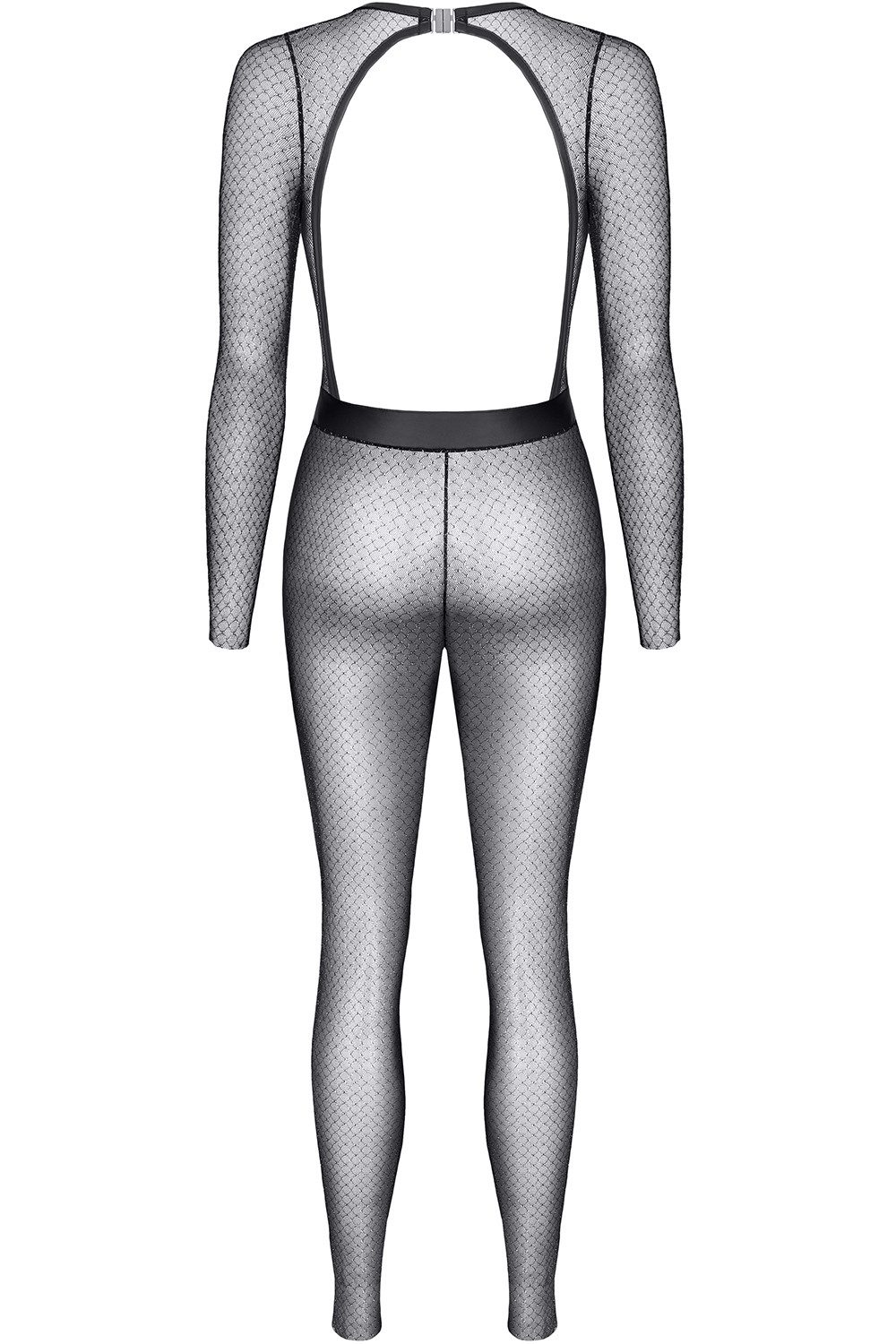 Demoniq Overall Schwarz/silbernes Damen Dessous Jumpsuit transparent langarm aus Netzs