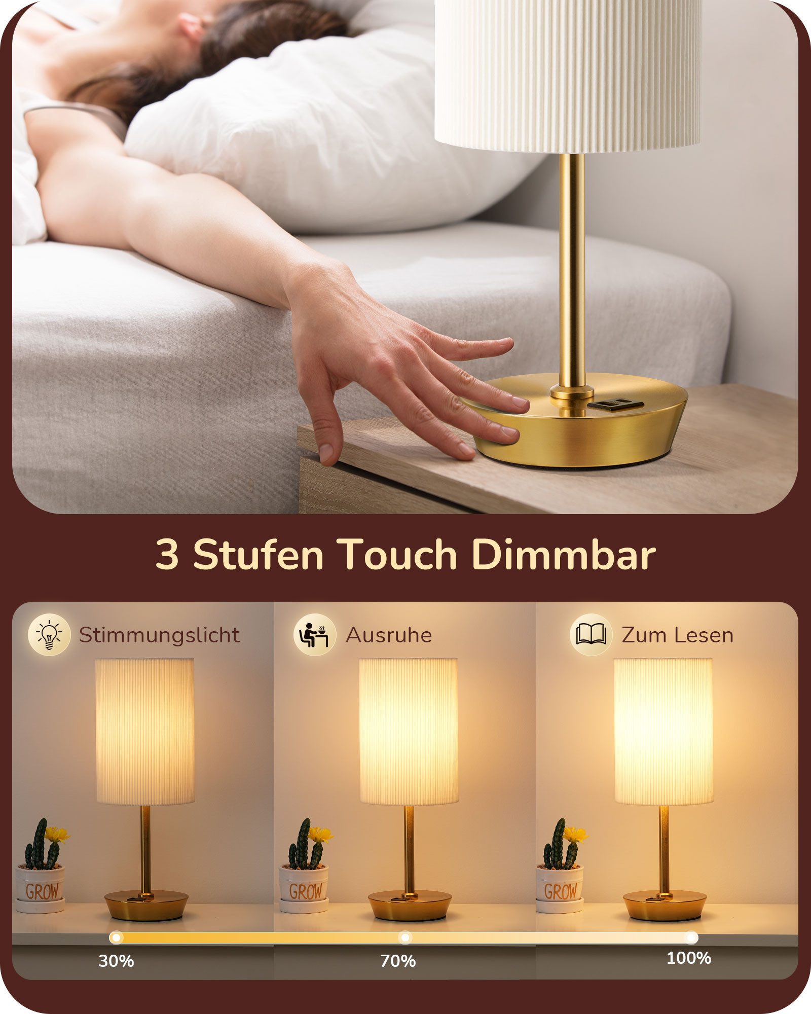 EDISHINE LED Nachttischlampe Touch Dimmbar, 2er-Set Tischleuchten mit USB, Dekolampen, LED wechselbar, warmweiß, kleine Tischlampe mit Ladefunktion
