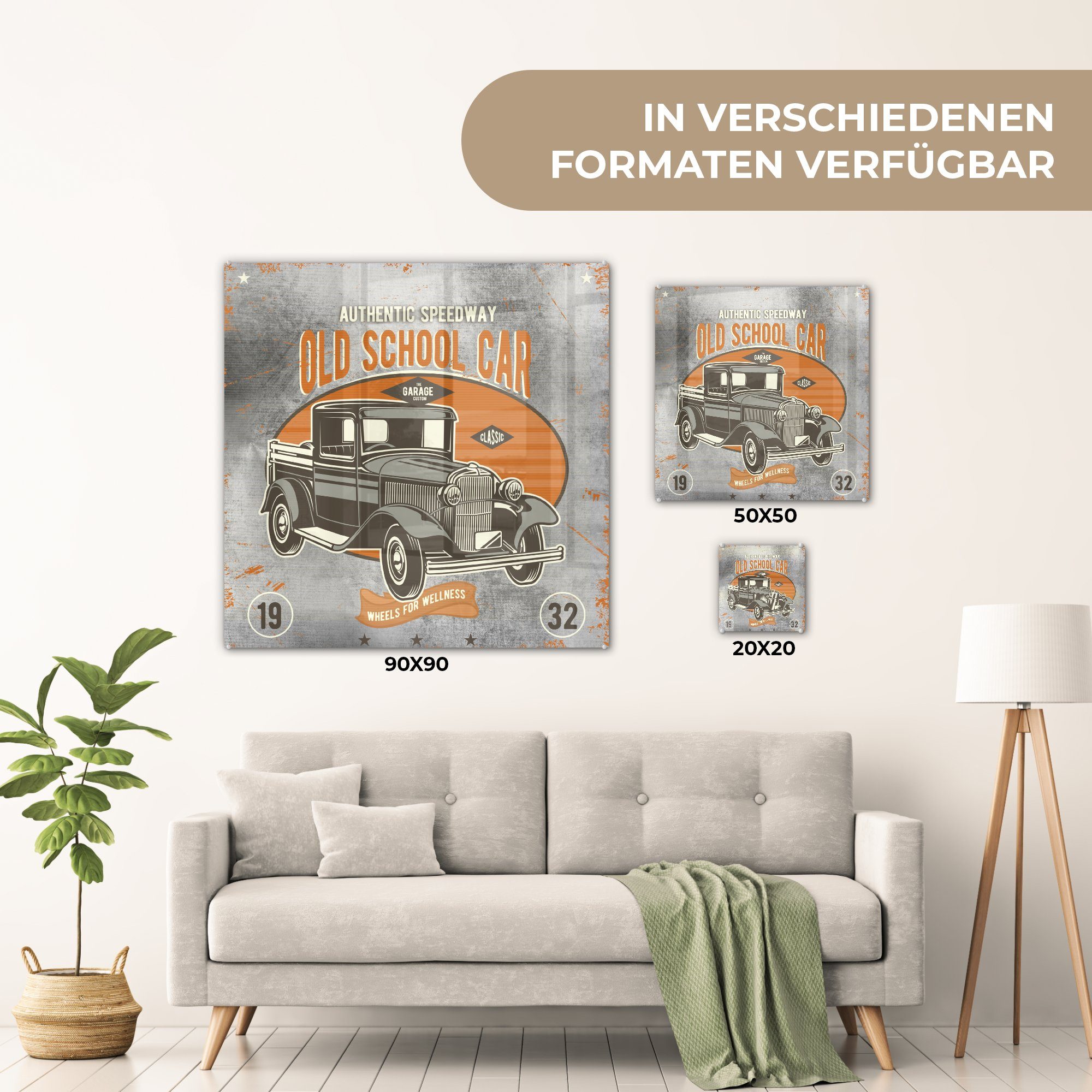 Glasbilder St), (1 Mancave - - Bilder Glas auf Glas Acrylglasbild Foto - Wanddekoration auf Auto MuchoWow - Wandbild Oldtimer, - - Retro