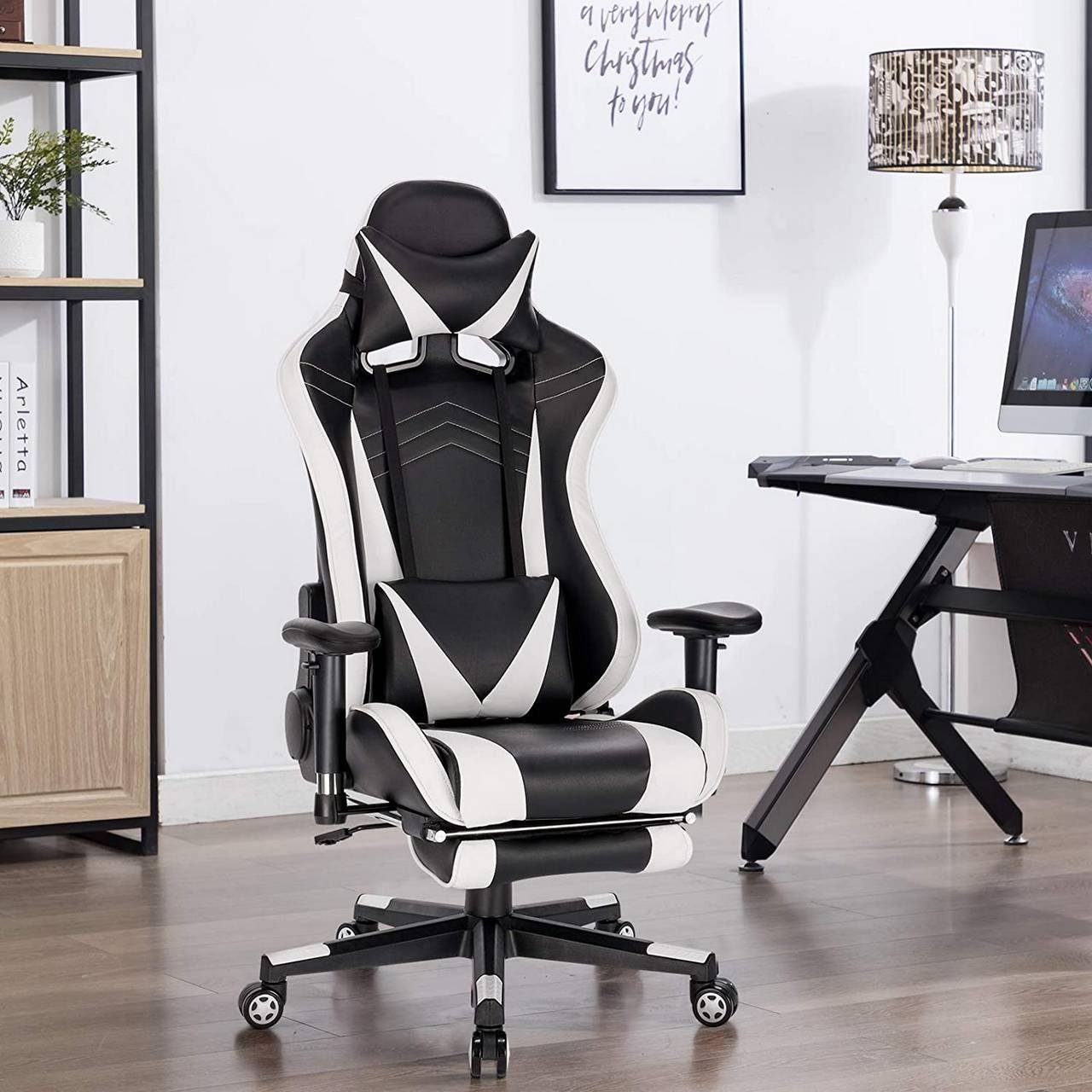 Woltu Gaming-Stuhl (1 St), mit Lendenstütze Fußstütze Kopfkissen Armlehnen weiß