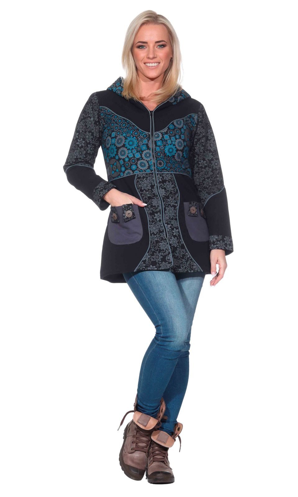 KUNST UND MAGIE Langjacke Kunst und Magie Damenmantel + Kapuze Blumenmuster Jacke Baumwolle Boho