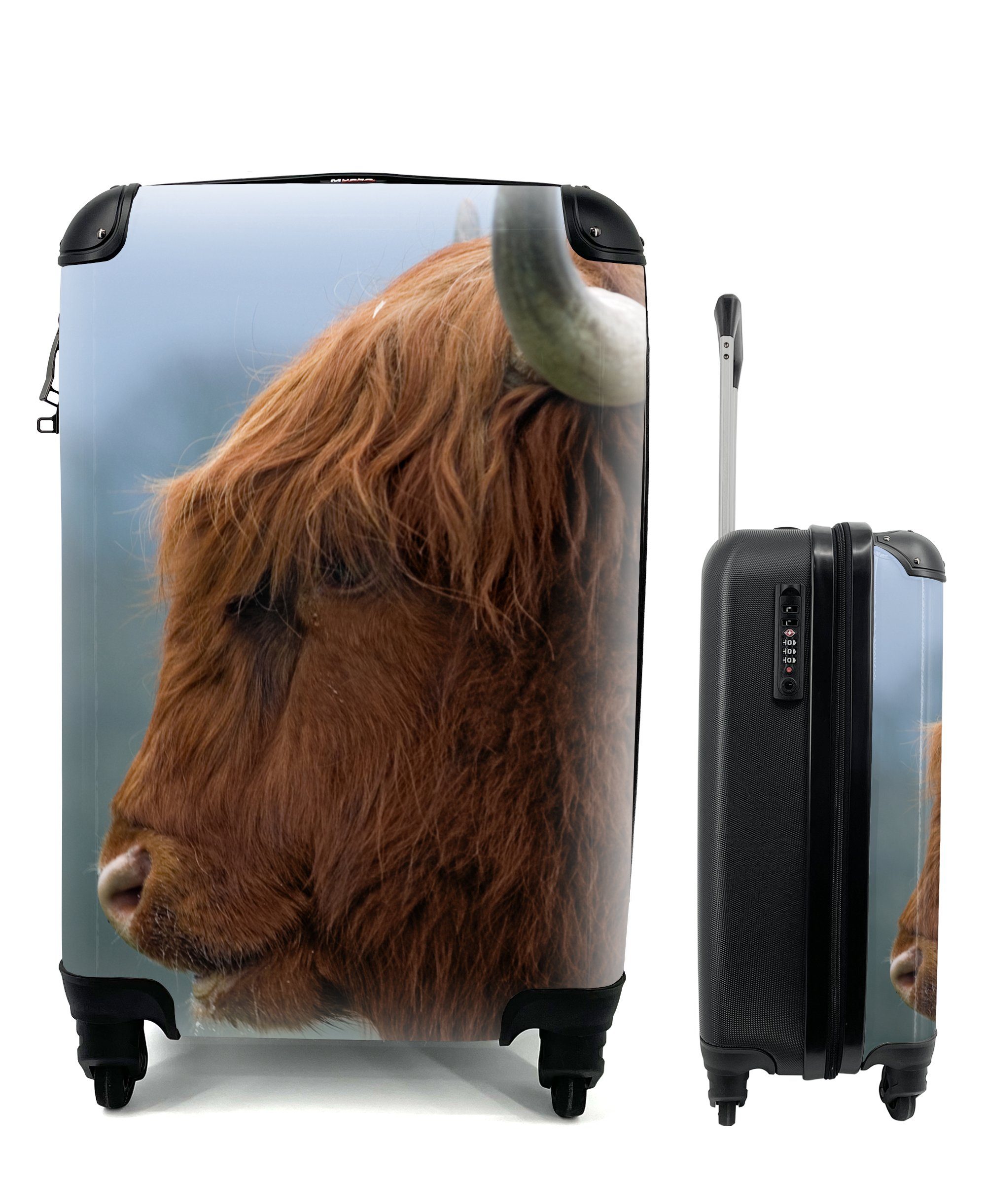 MuchoWow Handgepäckkoffer Schottische Highlander - Tiere - Nebel, 4 Rollen, Reisetasche mit rollen, Handgepäck für Ferien, Trolley, Reisekoffer