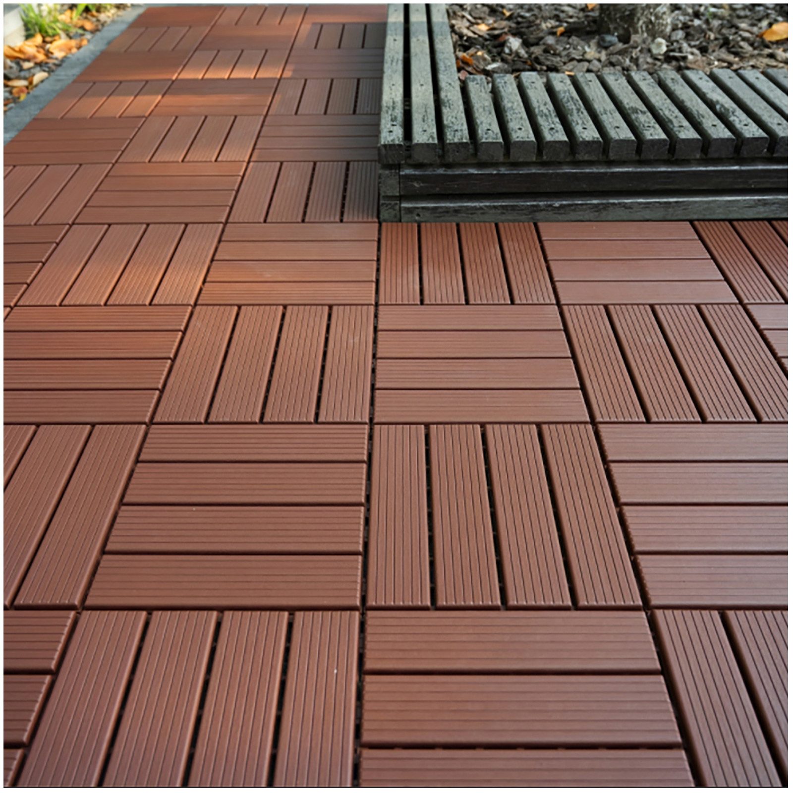 PFCTART Terrassendielen Terrassenfliesen mit Klicksystem 44 Stück, Kunststoff Bodenfliesen, 4,09 m², BxL: je 30.48x30.48 cm, 20 mm Stärke, (Set, 44-St., 30,48×30,48 cm, Für Balkon, Terrasse, Garten, Wege & Innenbereich), Holzoptik, wetterfest, rutschfest & pflegeleicht, einfache