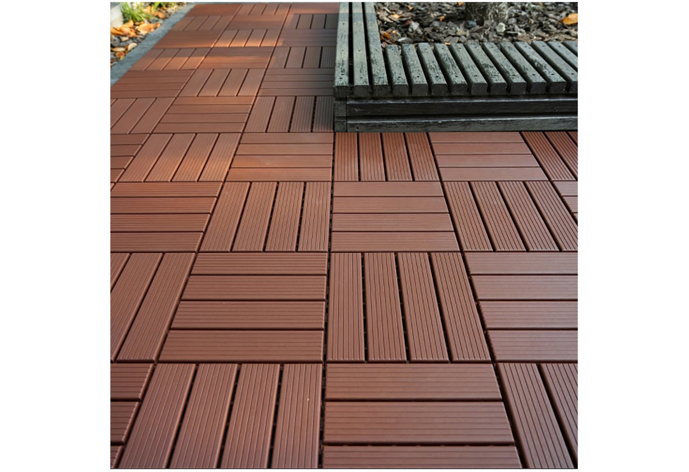 PFCTART Terrassendielen Terrassenfliesen mit Klicksystem 44 Stück, Kunststoff Bodenfliesen, 4,09 m², BxL: je 30.48x30.48 cm, 20 mm Stärke, (Set, 44-St., 30,48×30,48 cm, Für Balkon, Terrasse, Garten, Wege & Innenbereich), Holzoptik, wetterfest, rutschfest & pflegeleicht, einfache