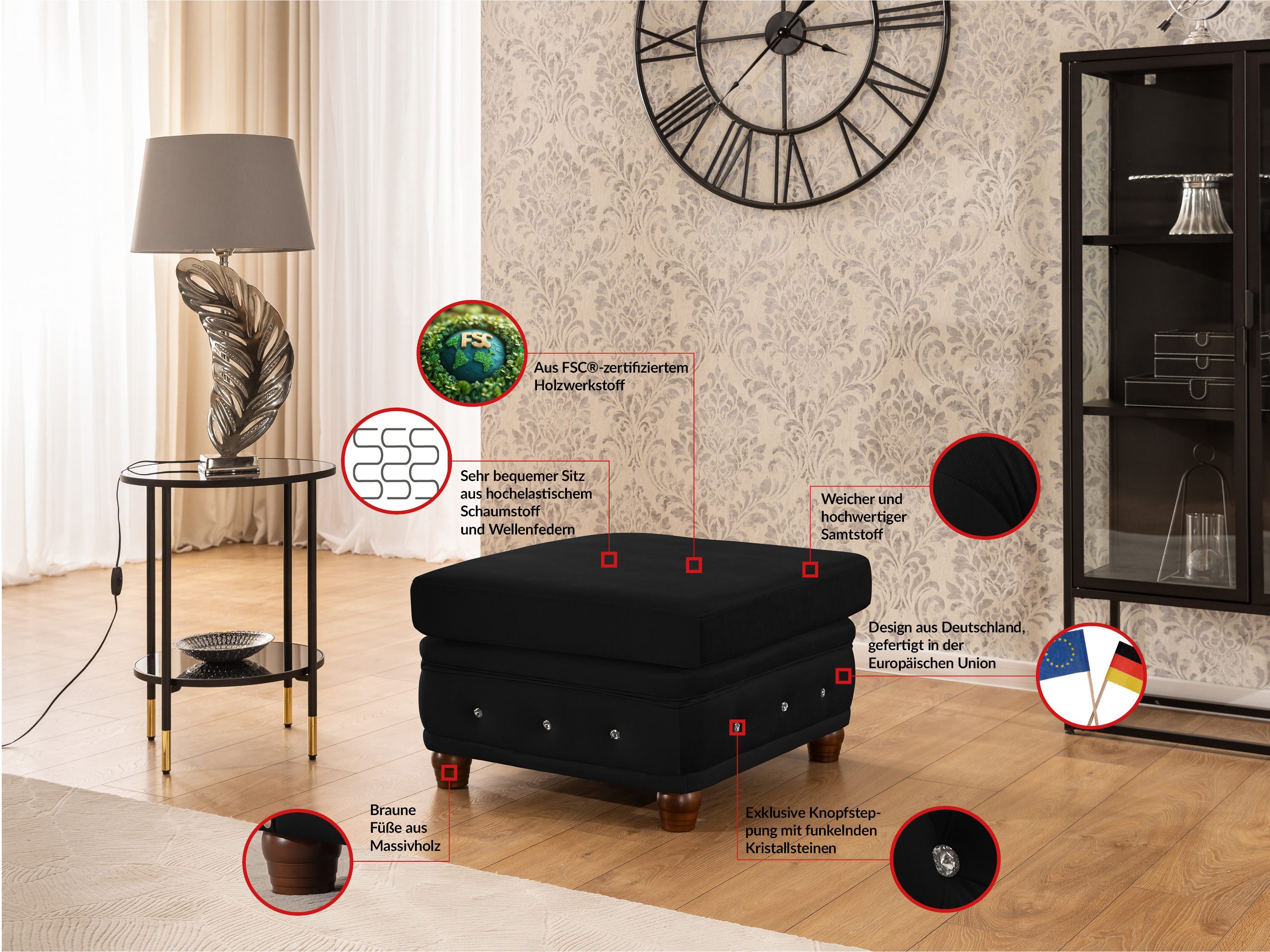 S-Style Möbel Polsterhocker Chesterfield Cleo Blink aus Samt mit Kristallsteppung, mit Wellenfederung – Bild 5 von 5