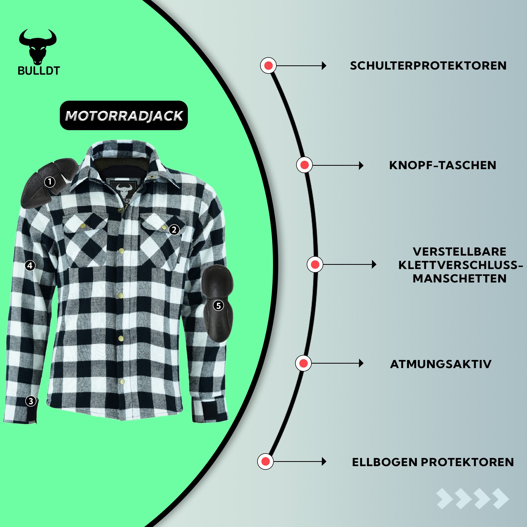 BULLDT Motorradjacke BLD1201 (mit 4 CE-Protektoren) BULLDT Herren Motorradhemd Holzfäller-Look Hemd
