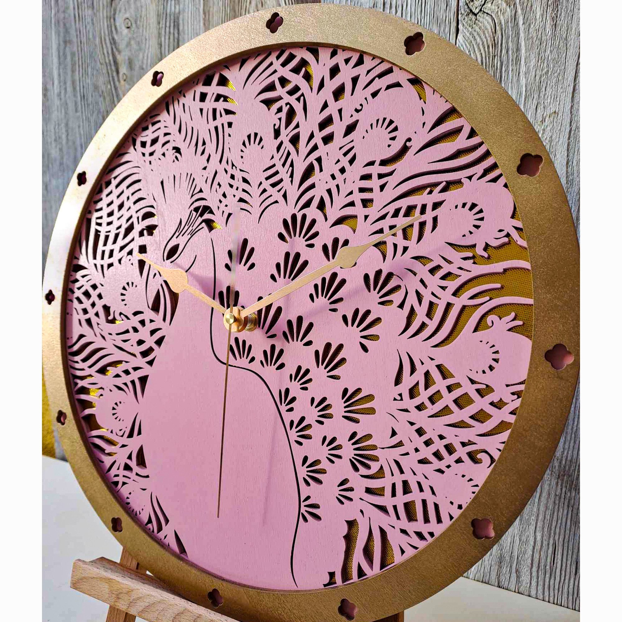 ORNAMENTI Wanduhr Pfau, Boho, Grosse, vintage, dekorative, hingucker Wanduhr, holz (Vogel, Handmade, retro, ohne Ticken, Wanddeko, 3 Größen 40, 50, 60 cm)