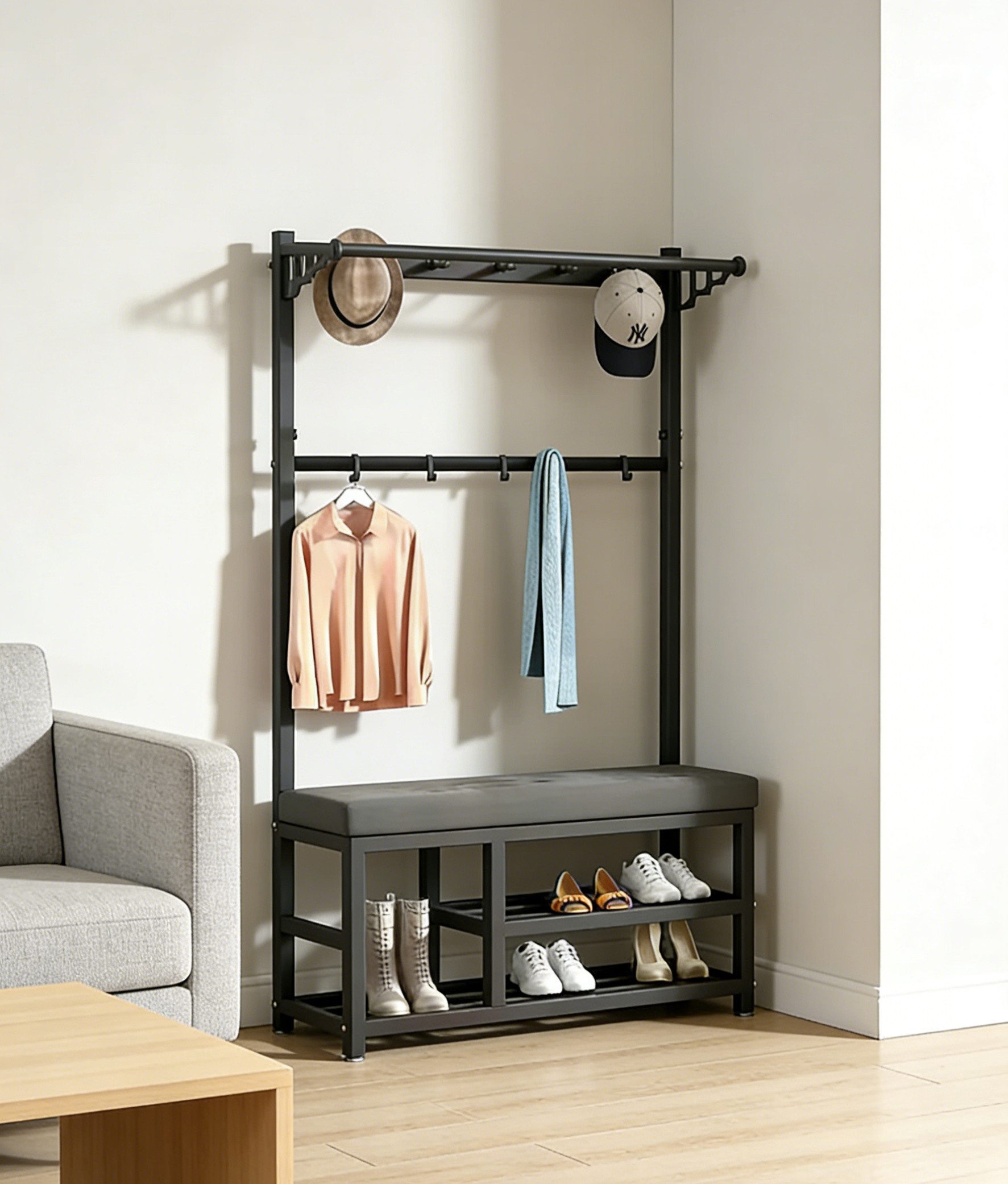 OYLCDI Garderobenständer Kleiderständer Garderobe mit Schuhbank, flurgarderobe, garderobe flur, (Schuhregal,Garderobe), mit 9 Kleiderhaken