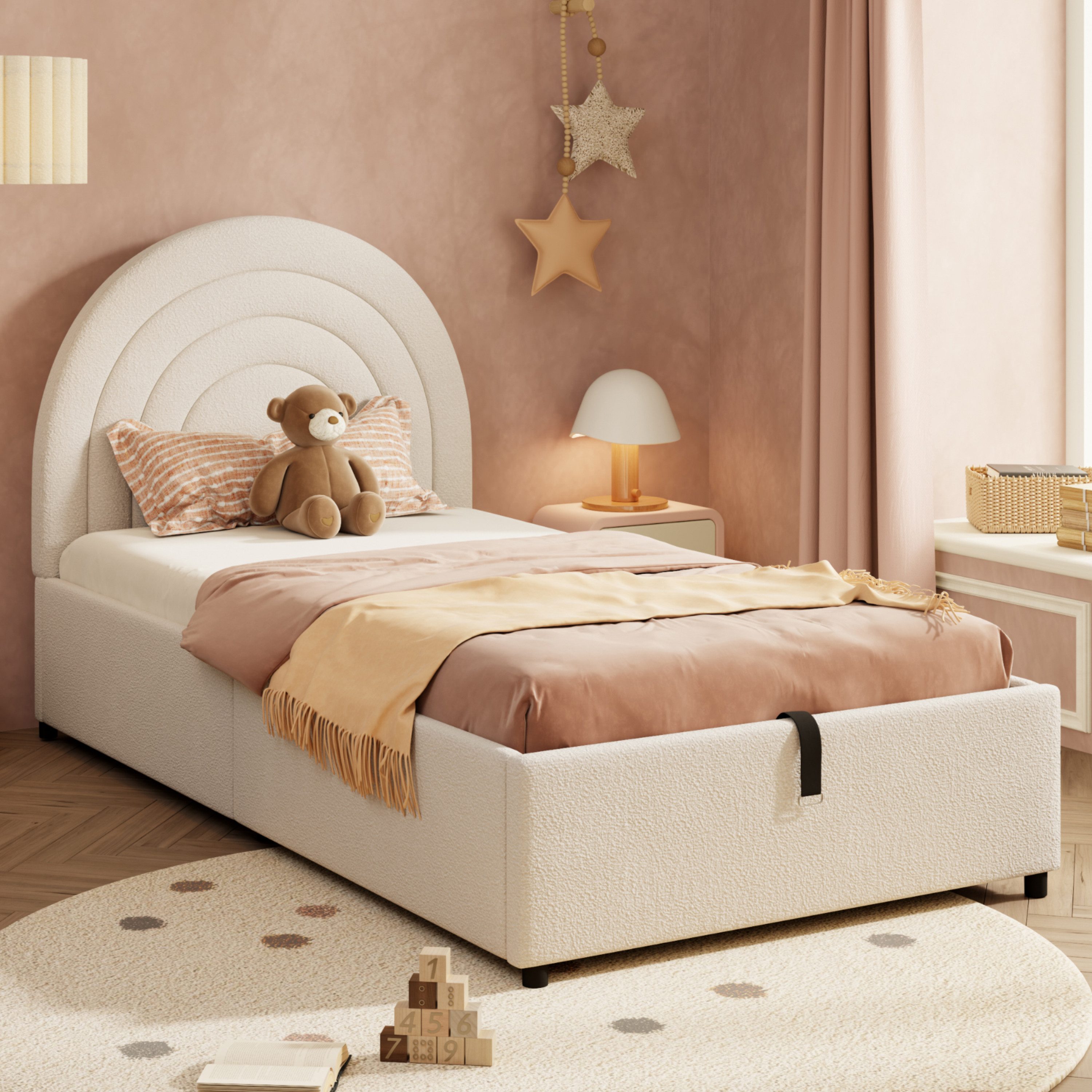MODFU Polsterbett Stauraumbett Kinderbett mit gepolstertem Kopfteil (Einzelbett, Jugendbett, 1-tlg., 90*200 cm, ohne Matratze, Boucle), mit hydraulischem Stauraum und geräuschdämpfenden Füßen
