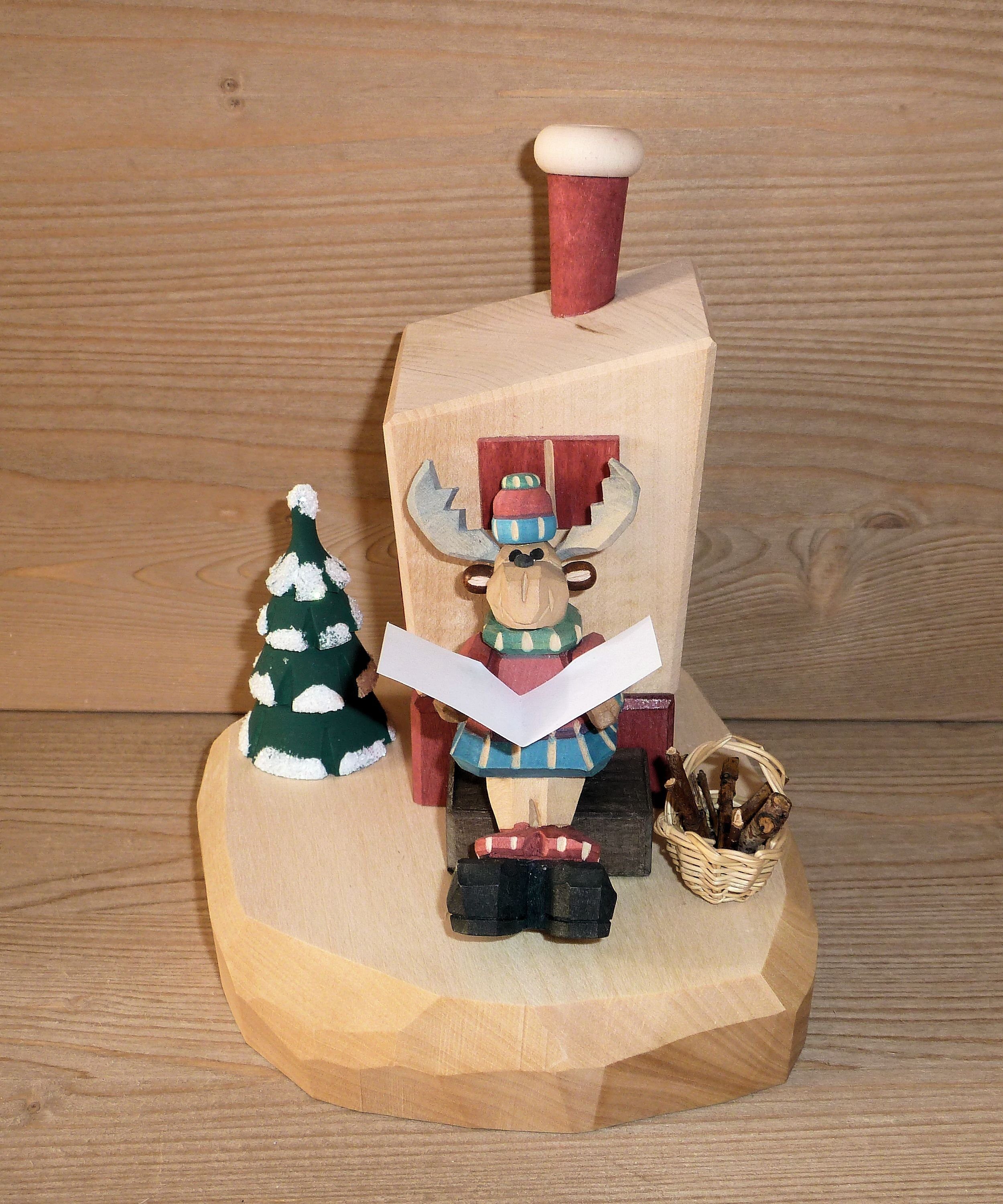 Weihnachtsfigur Elch am Räucherofen geschnitzt NEU 14 Weihnachtsfigur cm bunt