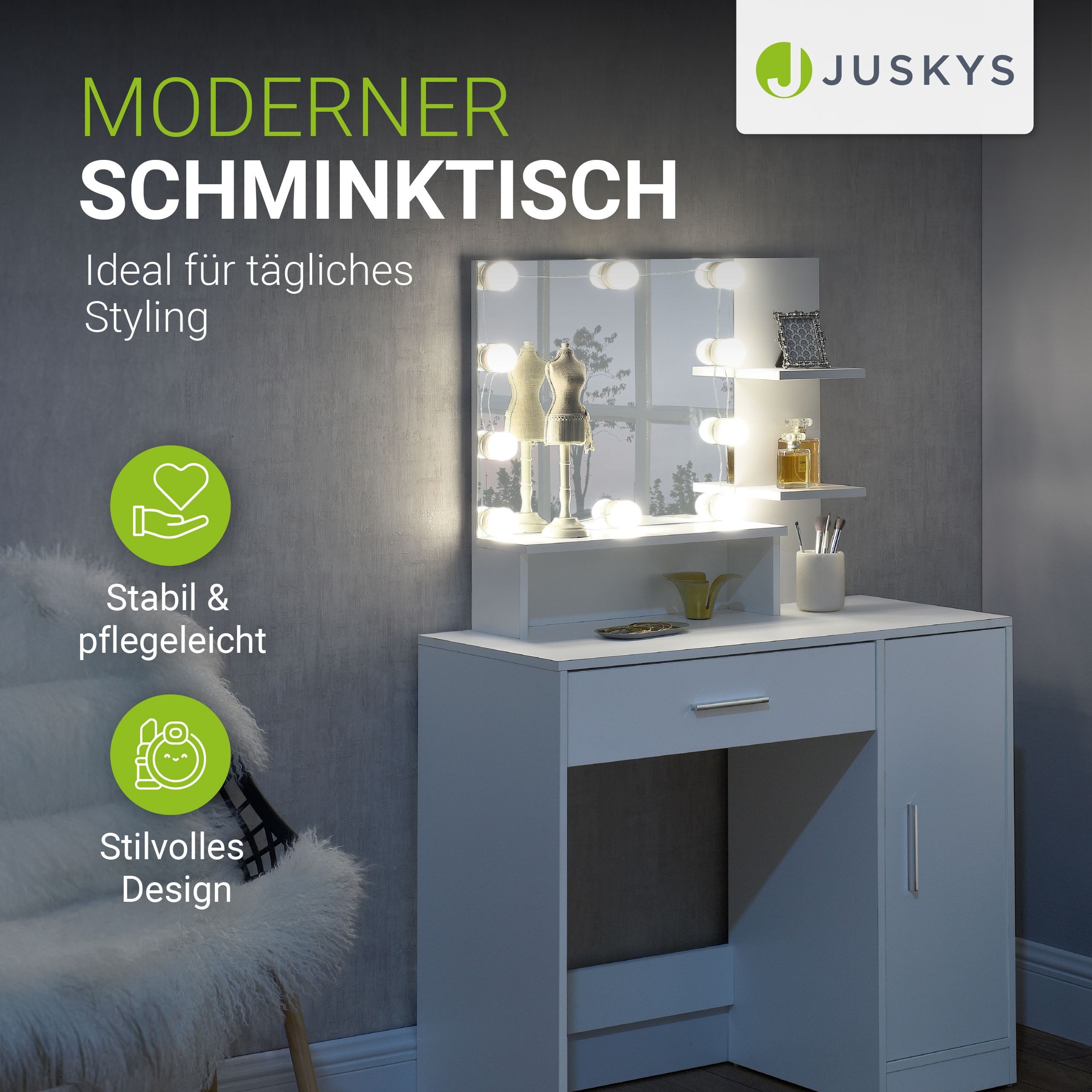 Juskys Schminktisch Zoey, mit LED-Beleuchtung, Spiegel, Schublade und Schra günstig online kaufen