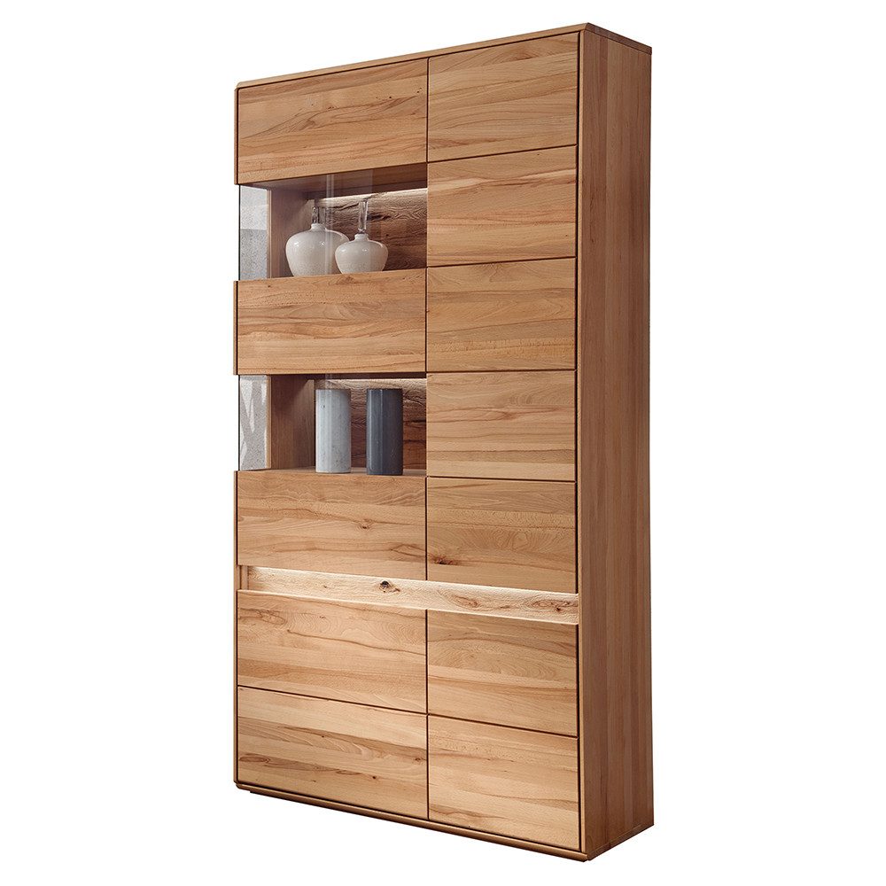 Lomadox Vitrine WELLAND-69 103 cm, Kernbuche massiv geölt mit LED-Beleuchtung, Türanschlag links