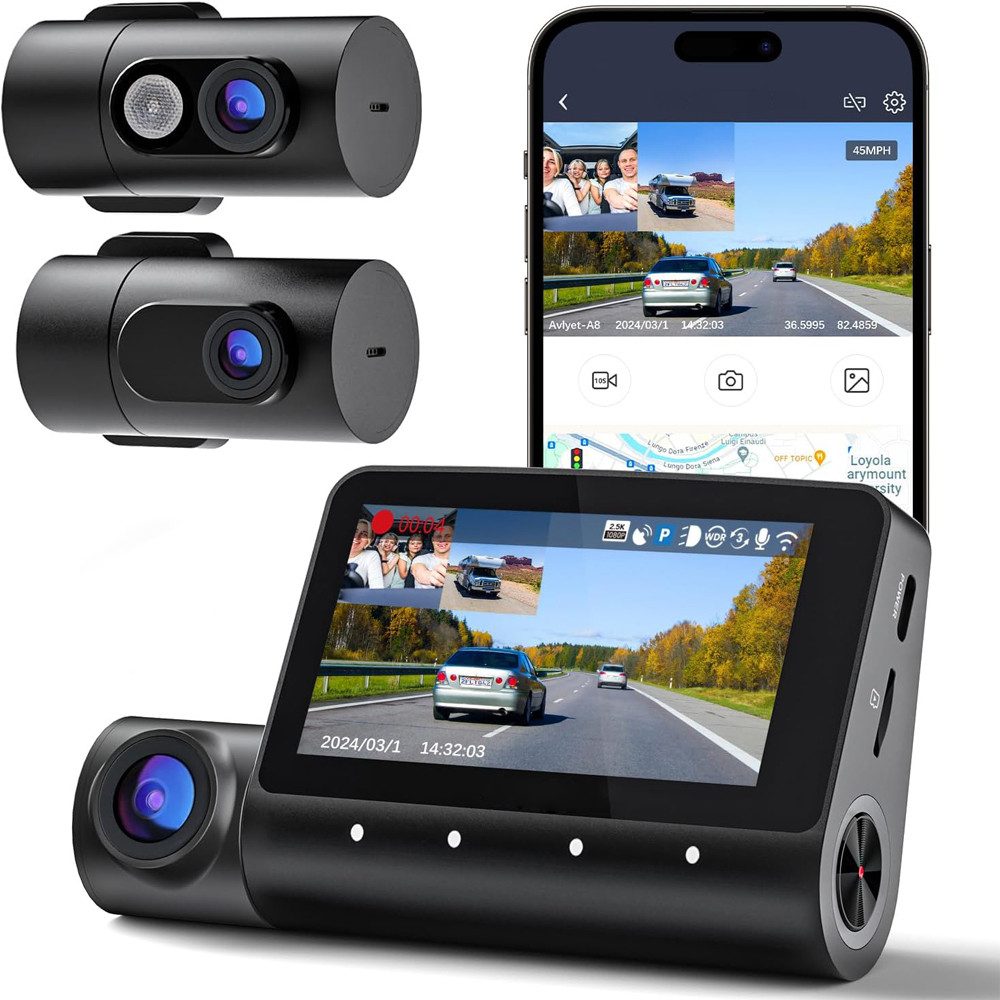 Topcony 5K 3-Kanal-Dashcam Auto 4K+1080P+1080P Vorne Hinten Innen Autokamera Dashcam (4K Uitra HD, WLAN (Wi-Fi), Super Nachtsicht,Superkondensator,24-Std-Parkmonitor,170° Weitwinkel, Zweikanal-Aufnahmemodi,kostenlose APP & OTA-Updates,Parküberwachung)