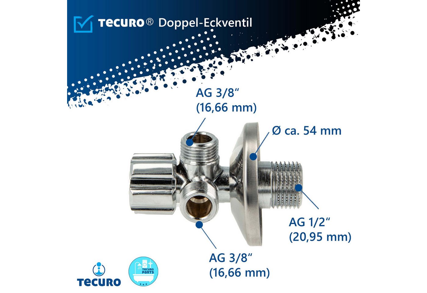Thumbnail - tecuro Eckventil Doppeleckventil Eckventil 1/2 Zoll (DN 15), mit 3/8 Zoll Abgängen