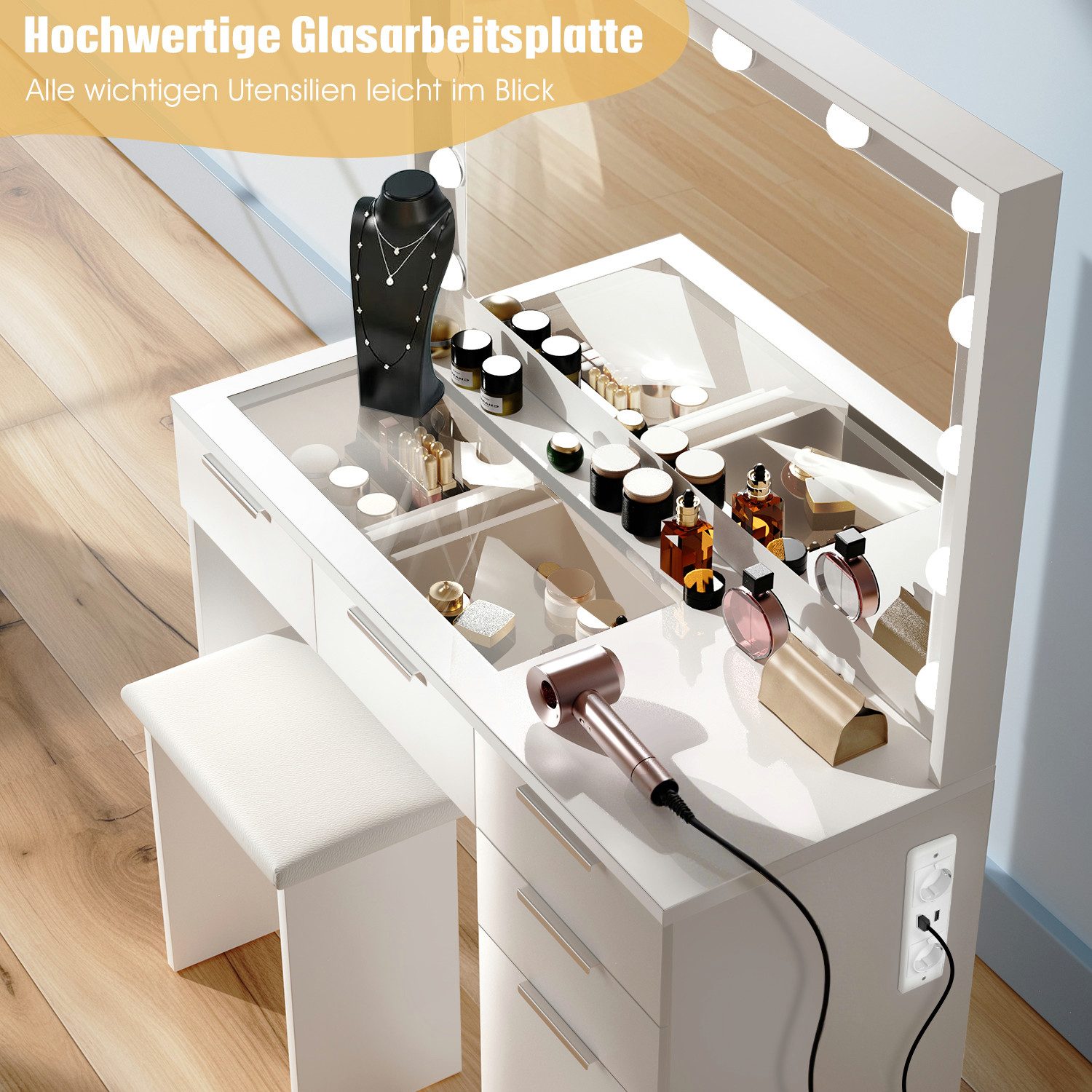 oyajia Schminktisch mit LED Beleuchtung, Gehärtete Glasplatte,mit Stuhl /Ladefunktion (Schlafzimmermöbel Vanity Set, verstellbare dreifarbige Kosmetikspiegel mi – Bild 5 von 5