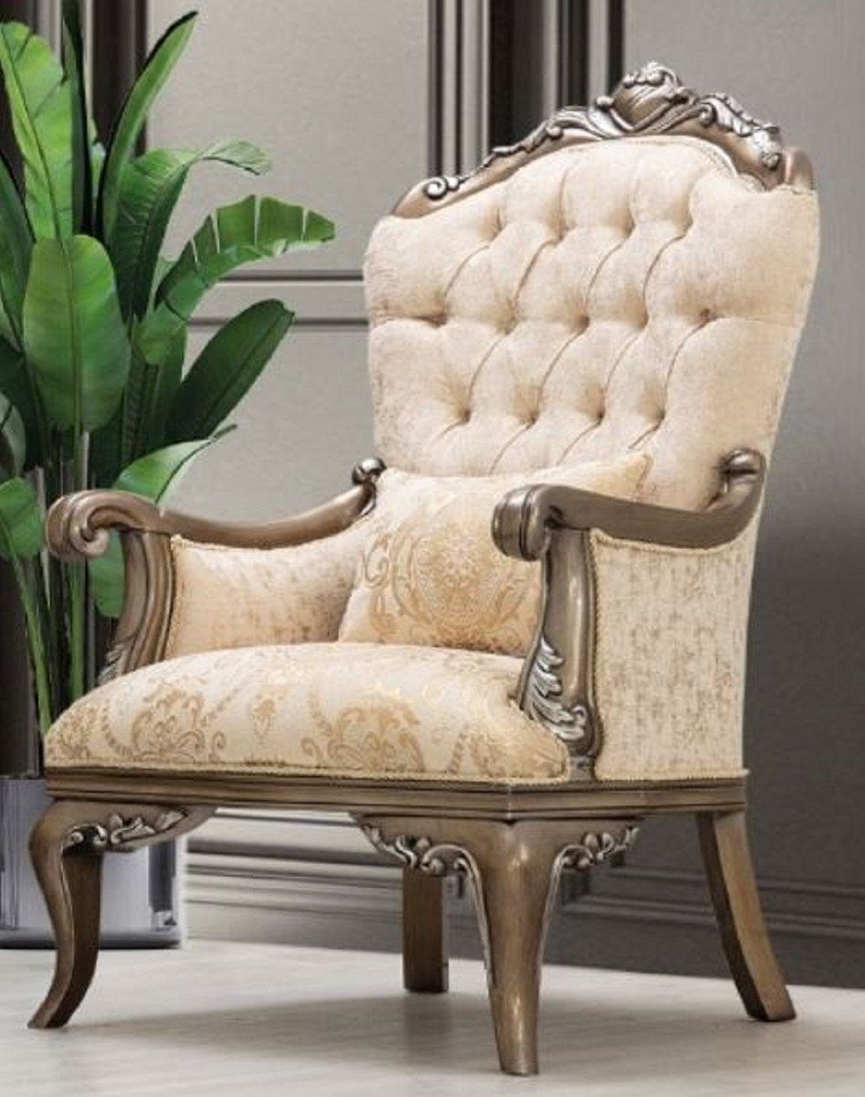 Casa Möbel Padrino Prunkvoll Sessel Wohnzimmer Barock Luxus Gold - / Barock Wohnzimmer Beige / Barockstil / - - Sessel im & Sessel Braun Silber Edel