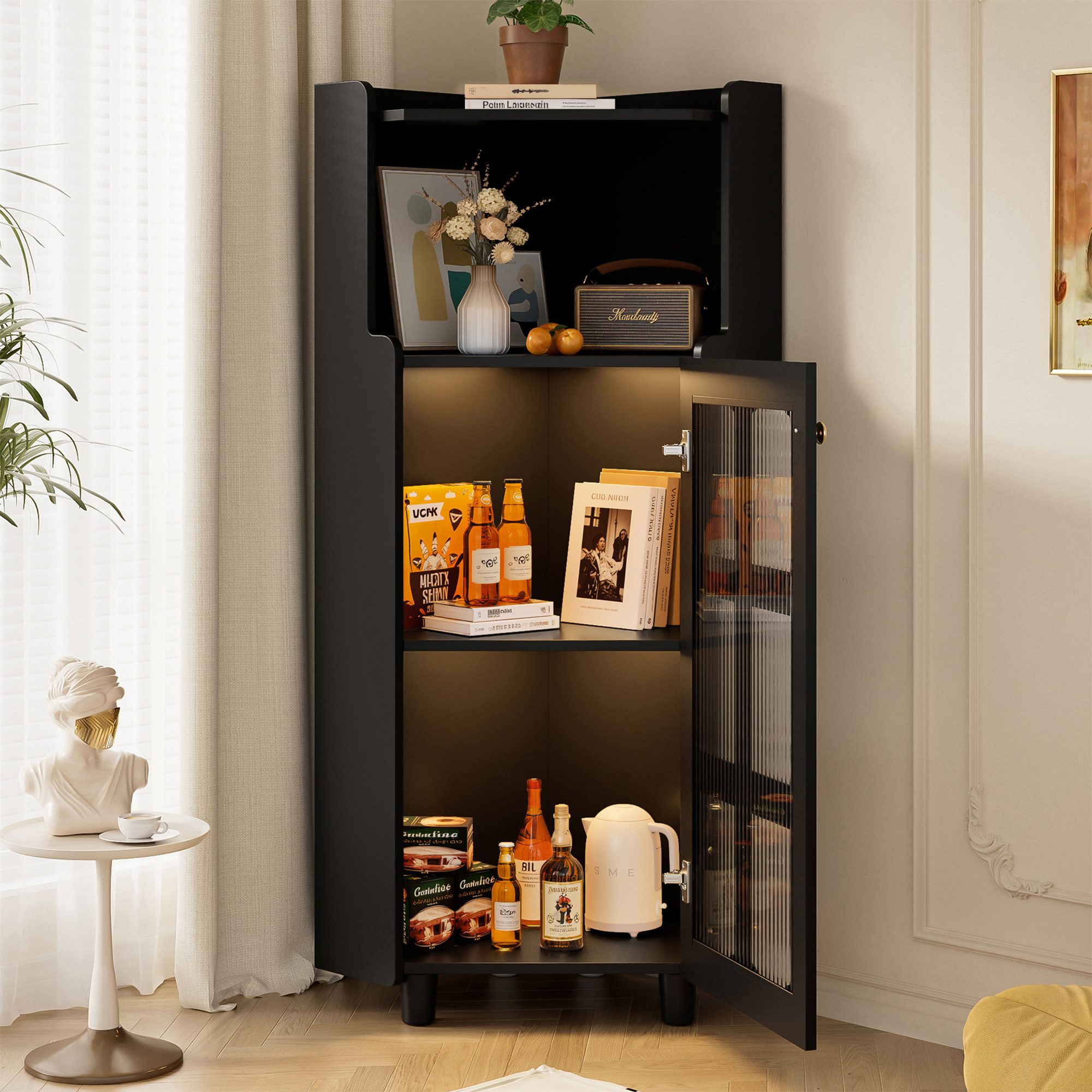 Celya Vitrine Eck-Schrank mit Lackoberfläche & LED-Beleuchtung (63.5*124 cm, Schwarz, für Wohnzimmer, Bücherregal, Badezimmer) Moderne Eck-Kommode mit App-Steuerung
