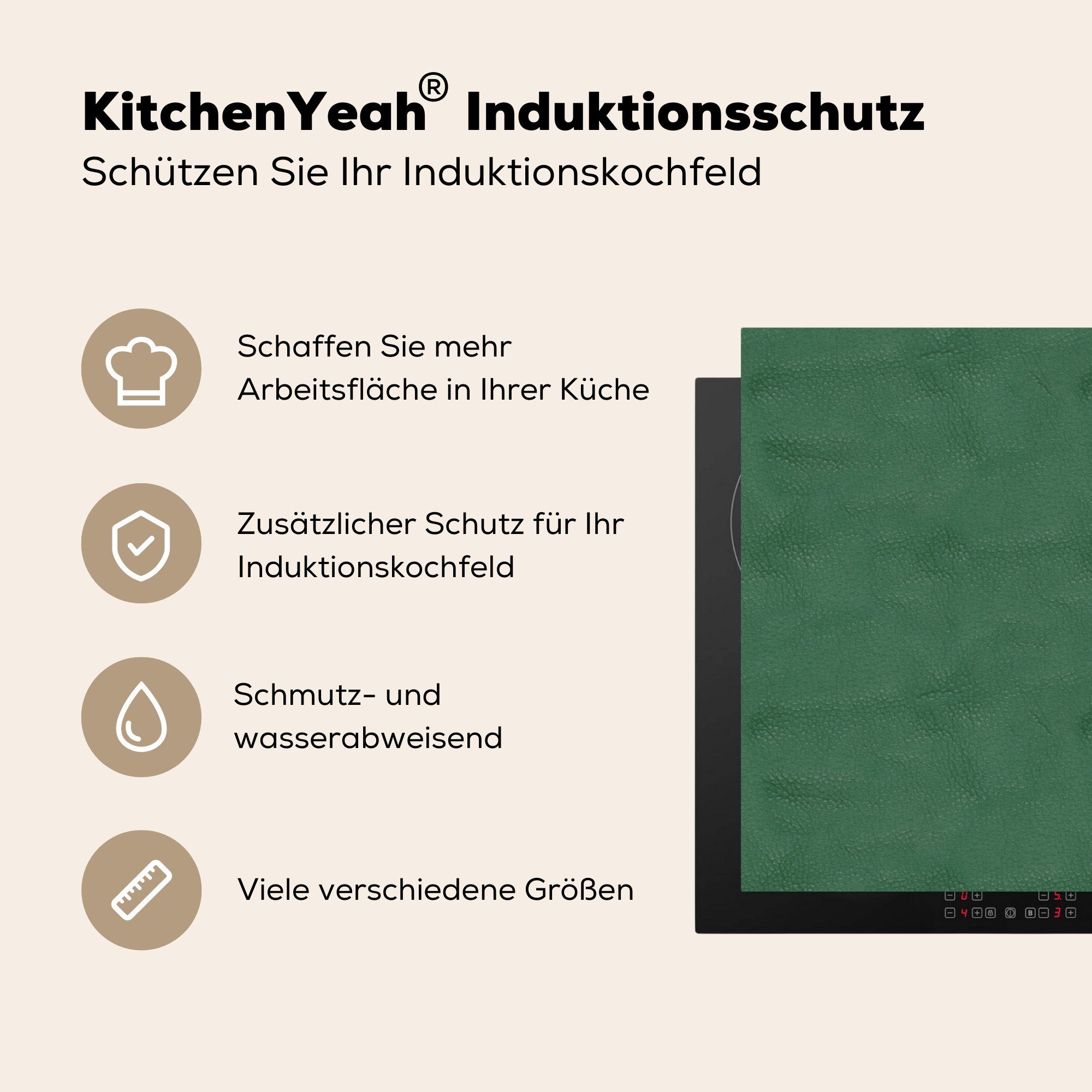 MuchoWow Herdblende-/Abdeckplatte Induktionsschutz cm, Leder Grün Ceranfeldabdeckung, Vinyl, - - Arbeitsplatte 83x51 - für Tierfell, küche (1 tlg)