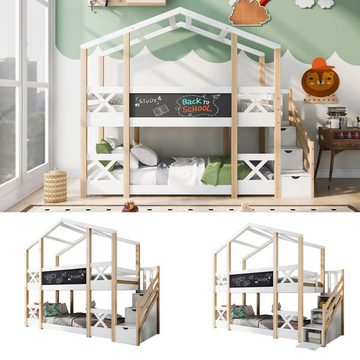 REDOM Etagenbett Kinderbett Baumhaus (Hochbett für Kinder– 2x Lattenrost- Natur & Weiß, mit Schublade und Rausfallschutz), Praktikabilität und Kreativität kombinieren