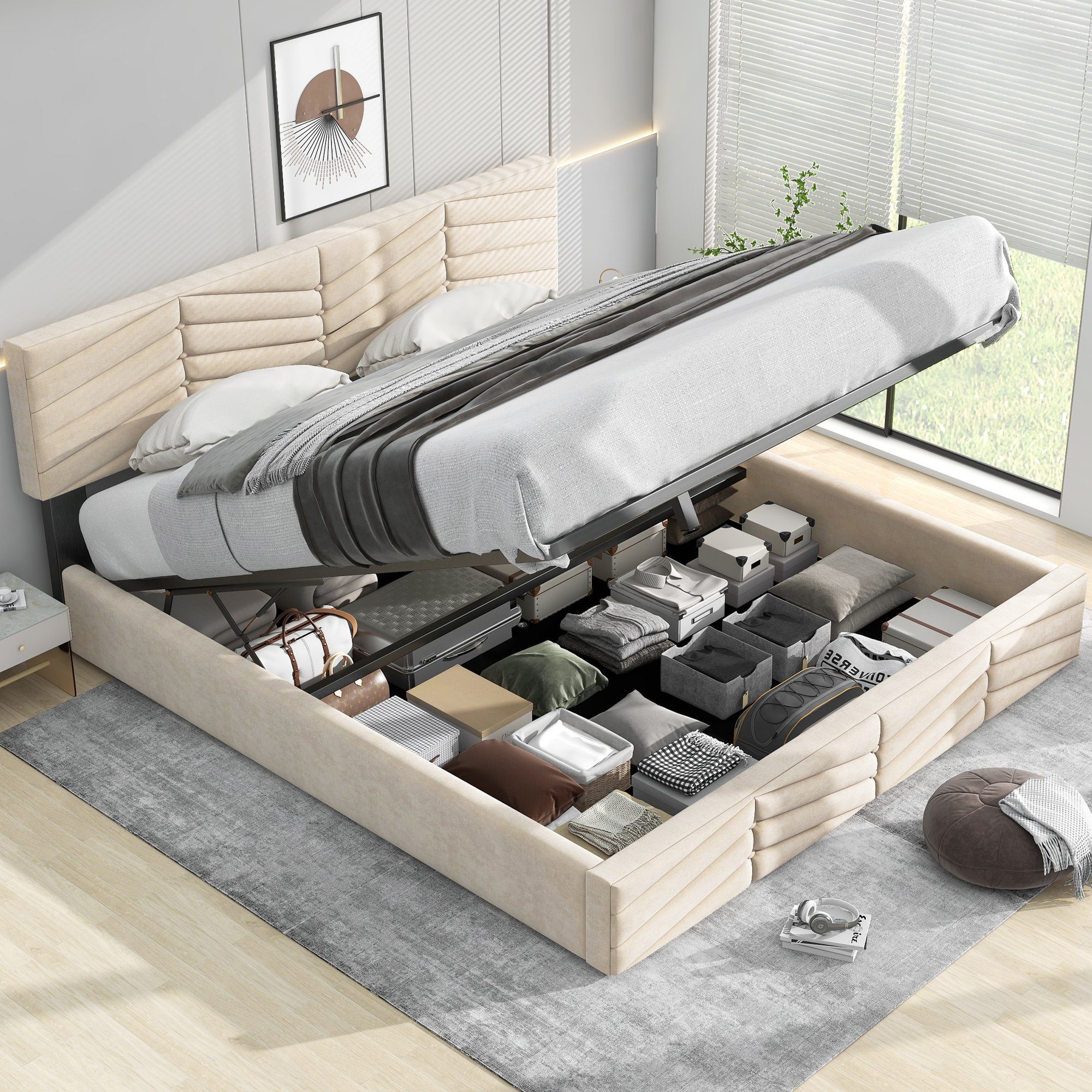 SOFTWEARY Polsterbett Doppelbett mit Lattenrost und Bettkasten, 180x200 cm,  gepolsterter Kopfteil höhenverstellbar, Bezug aus Samt