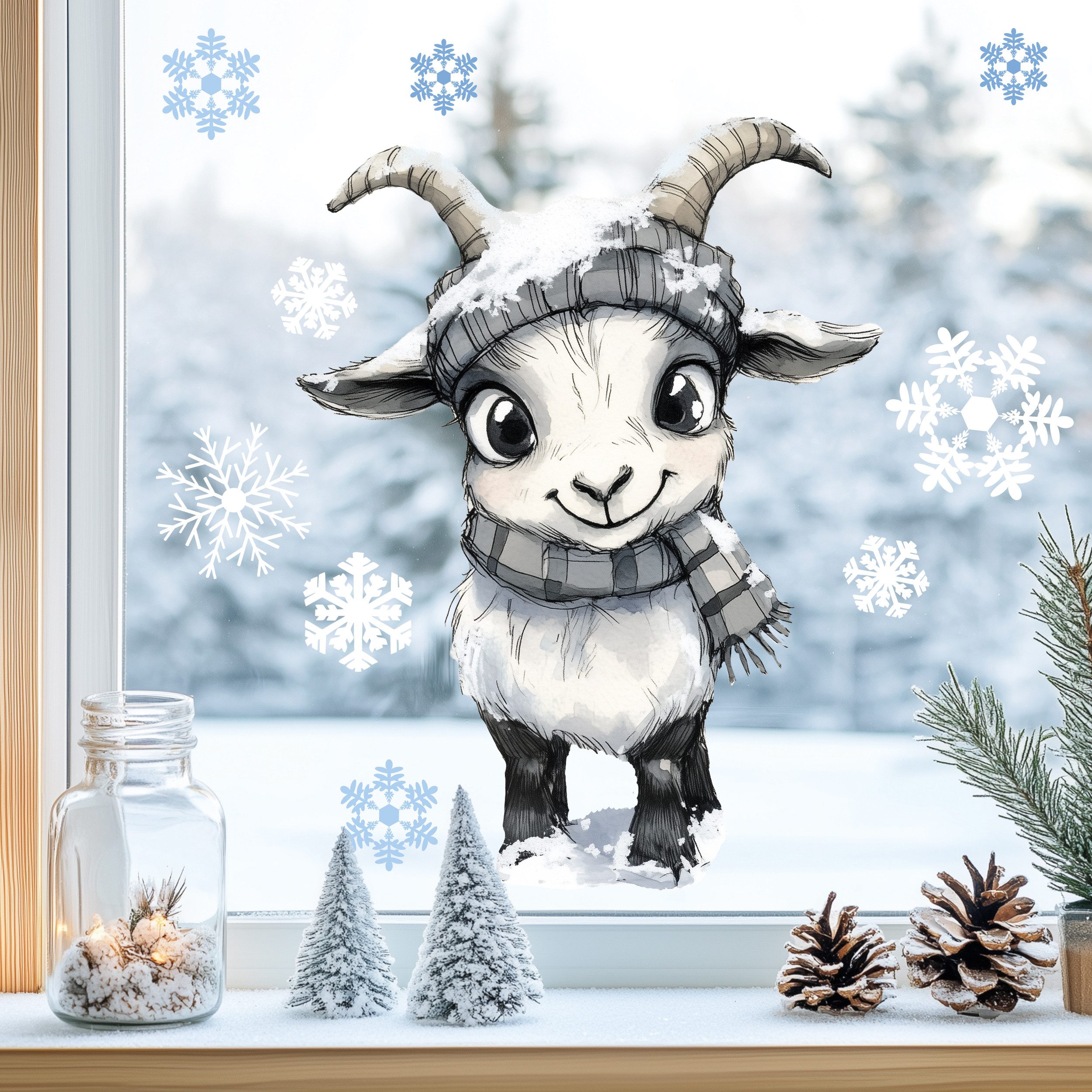 Sunnywall Fensterbild Kinderzimmer Fensterbild Winter Ziege, wiederverwendbar, statisch haftend, beidseitiger Druck
