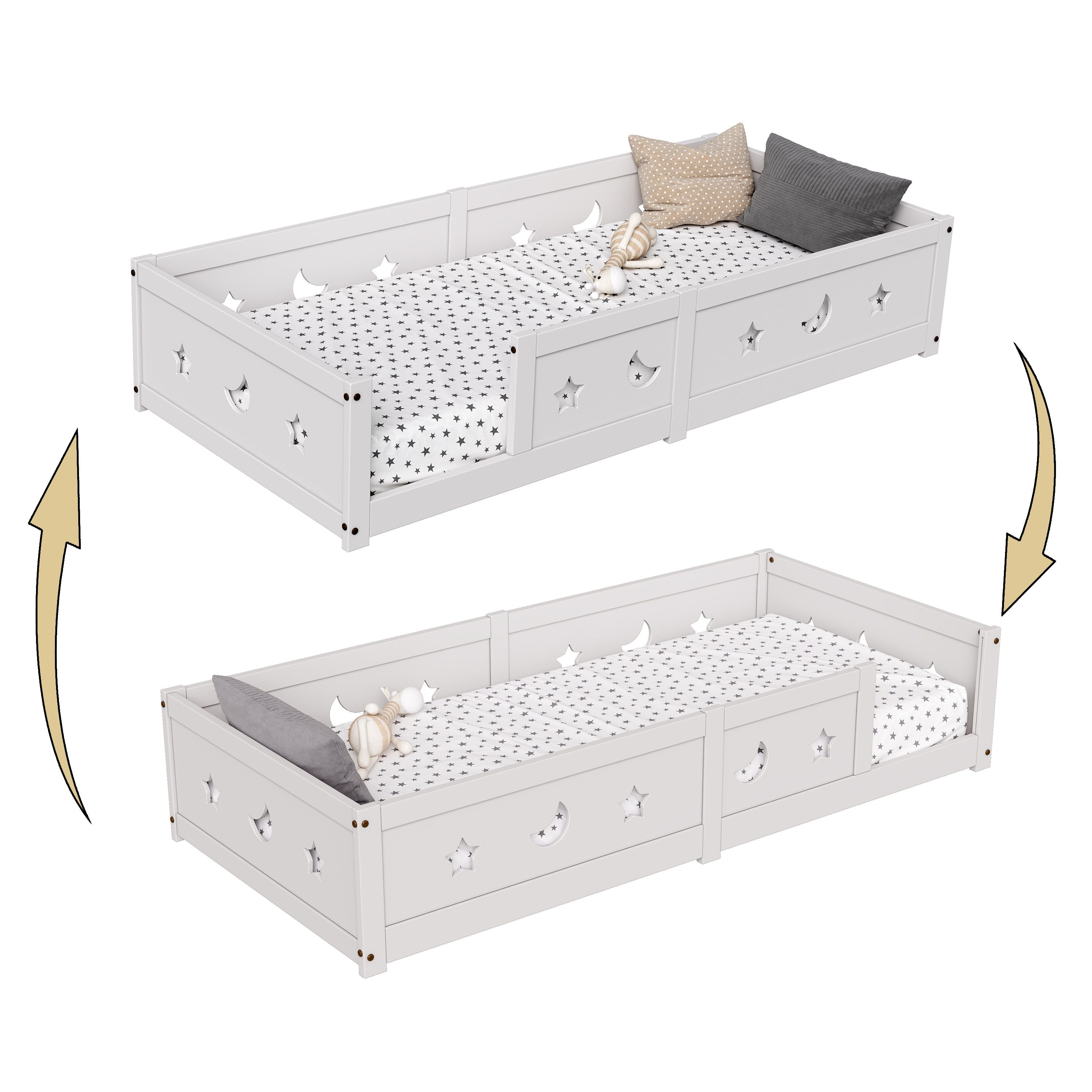 Simurq Einzelbett Kinderbett Montessori Bodenbett Einzelbett, mit Lattenrost, Stern- und Mondmuster, weiß, 120x200 cm – Bild 5 von 5