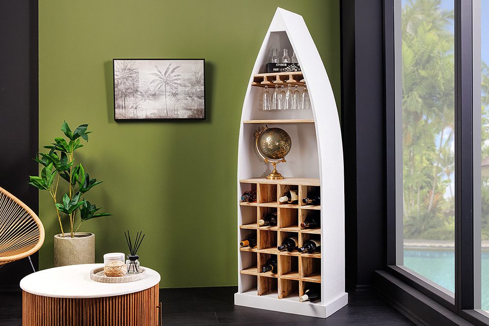 riess-ambiente Weinregal SEVEN SEAS 180cm weiß / natur · Flaschenregal aus massivem Mangoholz, Einzelartikel 1-tlg., 20 Flaschen · zwei Ablagefächer & Gläseraufhängung · maritim · Boot