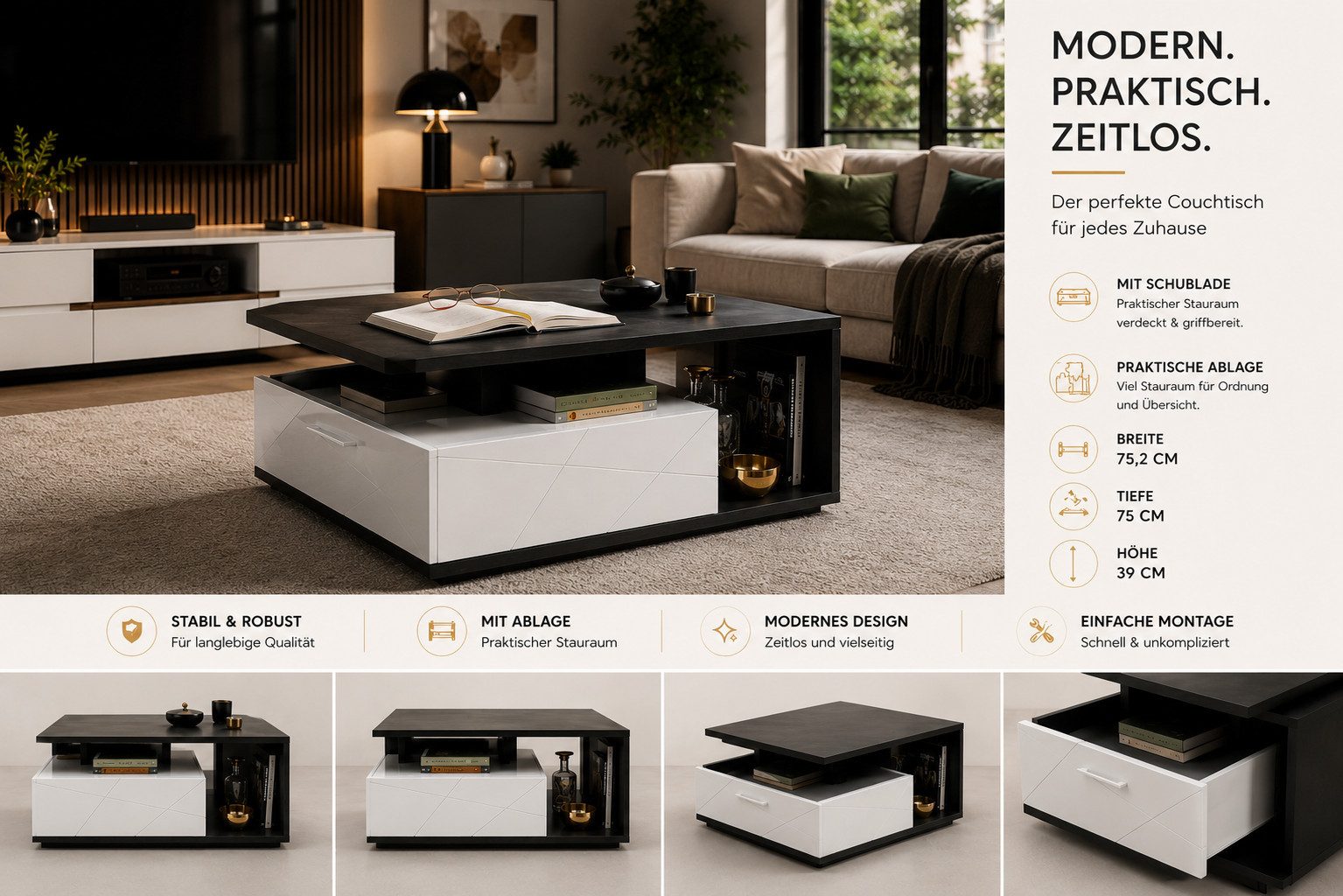 designimpex Couchtisch Design Couchtisch WM-12 Schwarz - Weiß mit Staufach Wohnzimmer, Funktionstisch, Wohnzimmertisch, Tisch, Esstisch, Sofatisch, Schublade