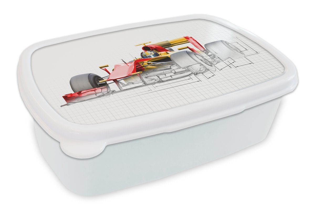 MuchoWow Lunchbox Ein roter Rennwagen aus der Formel 1 in einer Illustration, Kunststoff, (2-tlg), Brotbox für Kinder und Erwachsene, Brotdose, für Jungs und Mädchen weiß