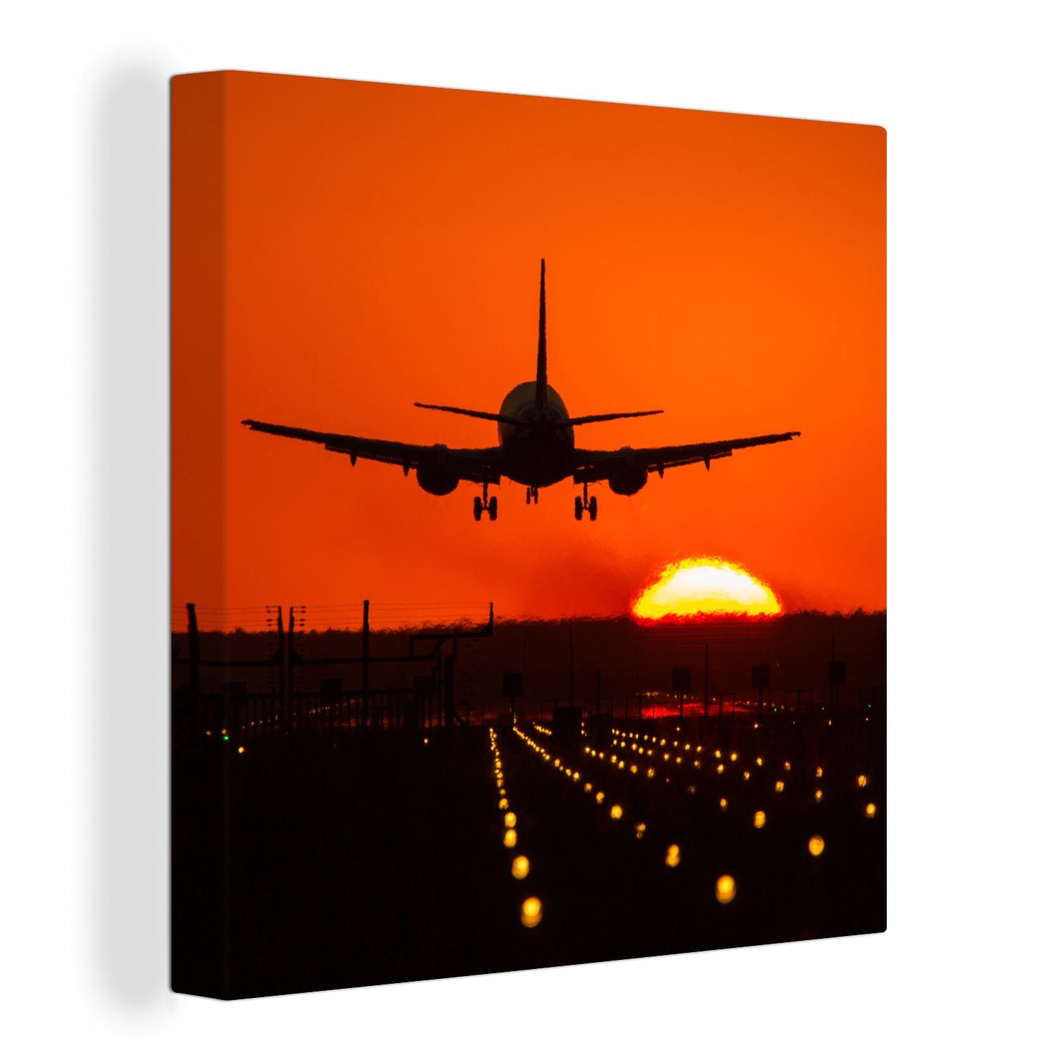OneMillionCanvasses® Leinwandbild Sonnenuntergang - Flugzeug - Orange - Sonne, Fotodruck (1 St), Wandbild, Deko Schlafzimmer Wohnzimmer Flur 20x20 cm