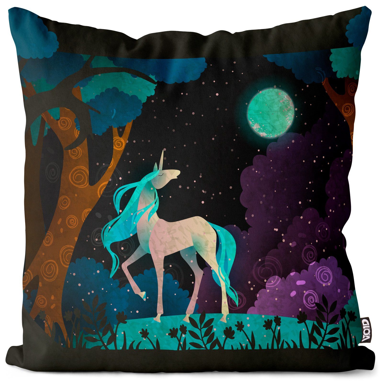 Kissenbezug, VOID (1 Stück), Sofa-Kissen Einhorn Märchen Wald Geschichten Mädchen Traum Mond Fantasy Kinder Blumen Zeichnung Magisch Nacht Vollmond bunt deko