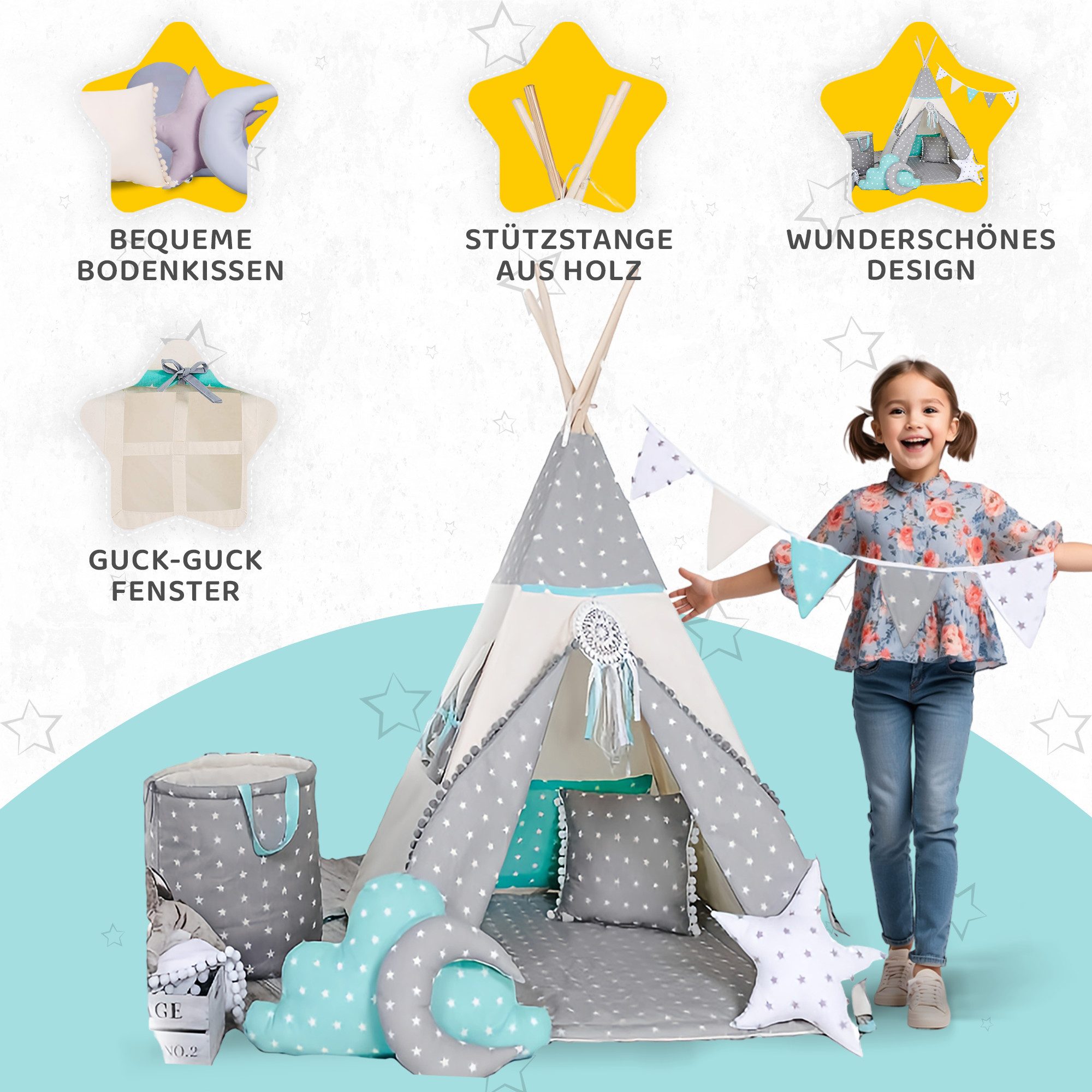 Rainbow Kids Tipi-Zelt Wolf Stern Grau, Personen: 2 (mit Zubehör, 8 tlg., mit 4 Kissen, Matte, Spielzeugkorb und Wimpelkette)