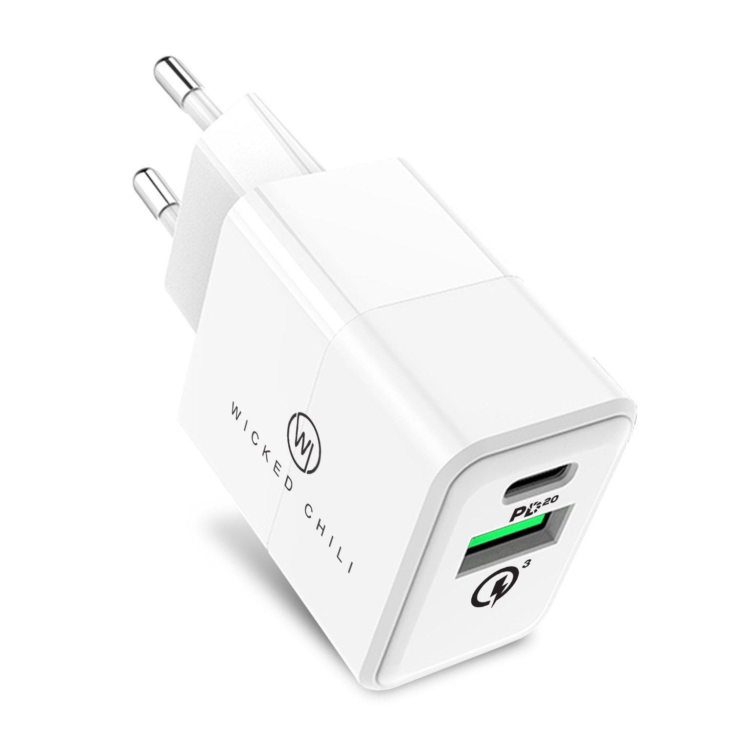 Wicked Chili 20W Dual USB-Netzteil mit QC 3.0 + USB-C PD Charge Steckernetzteil (USB-C PD 3.0 Schnellladegerät für iPhone 15 / 14 / 13 / 12)