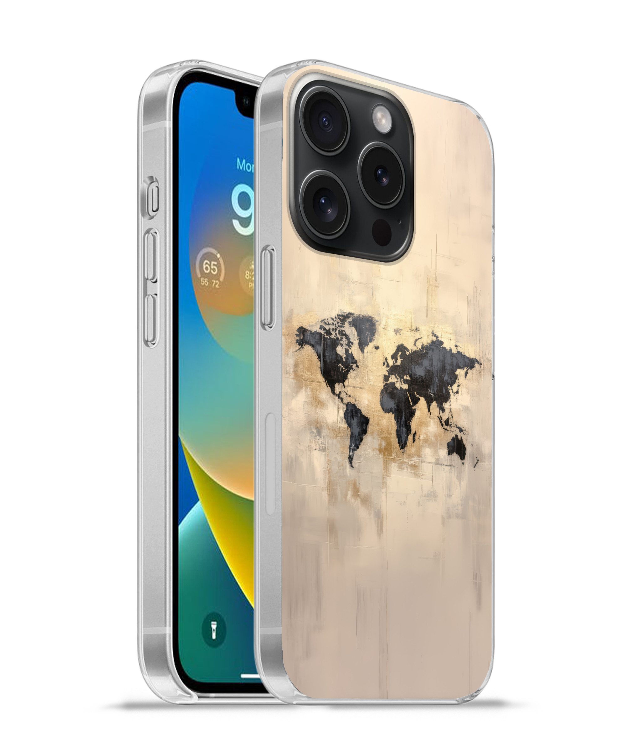 MuchoWow Handyhülle für Apple iPhone 15 Pro Weltkarte - Gold - Schwarz - Abstrakt, Smartphone-Bumper, Print, Handy Schutzhülle Dünn