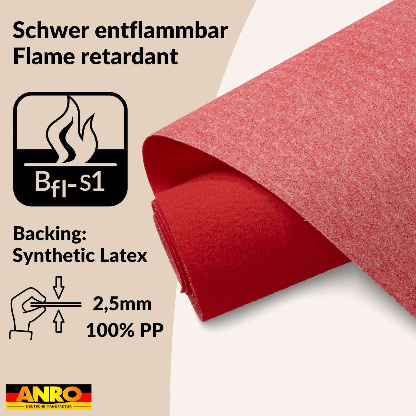 ANRO Teppich AXEL Eventteppich BFl-S1 Uni Messeteppich Läufer, eckig, Höhe: 3 mm, schwer entflammbar Größe: 60x100cm Einfarbig Rot