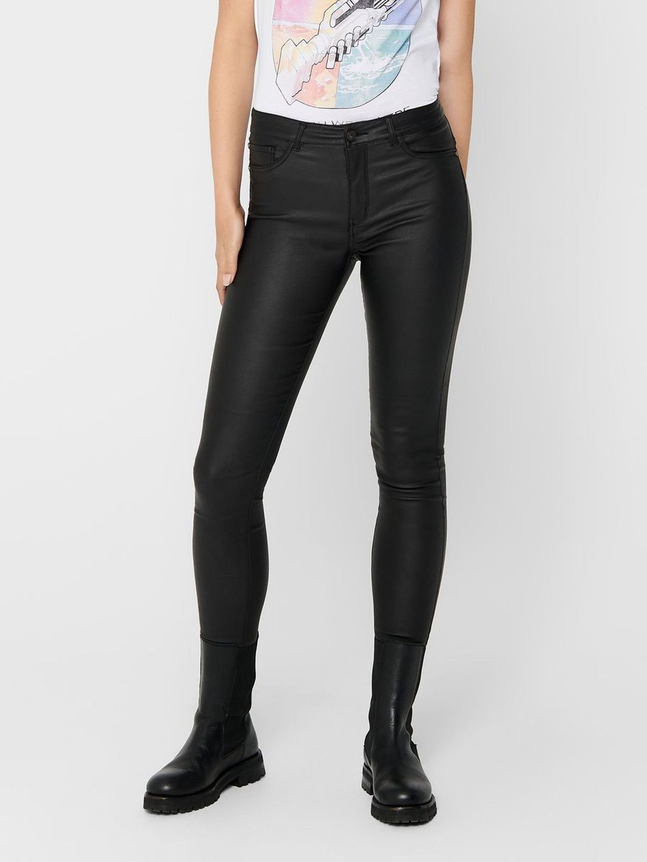 JACQUELINE de YONG Lederimitathose Skinny Jeans Leder Optik High Waist Stretch Coated Denim Pants (1-tlg) ED - SWEATY