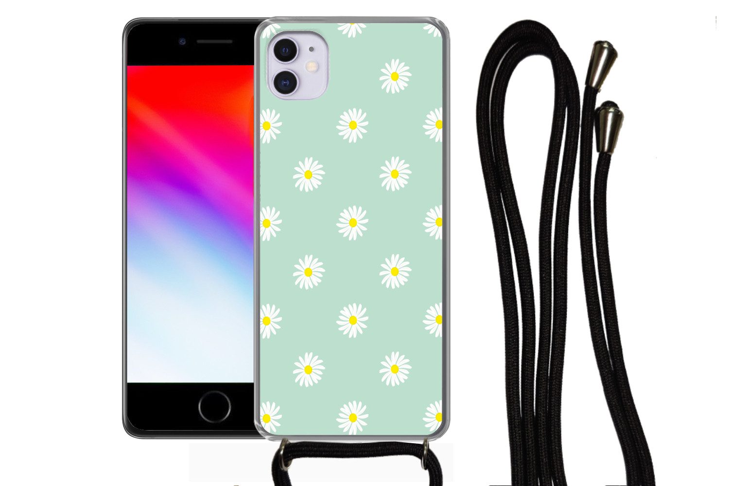 MuchoWow Handyhülle für Apple iPhone 12 Mini Gänseblümchen - Pastell - Weiß - Grün - Flora, Tragbare Handyhüllen mit Kette zum umhängen, Handykette Handyband