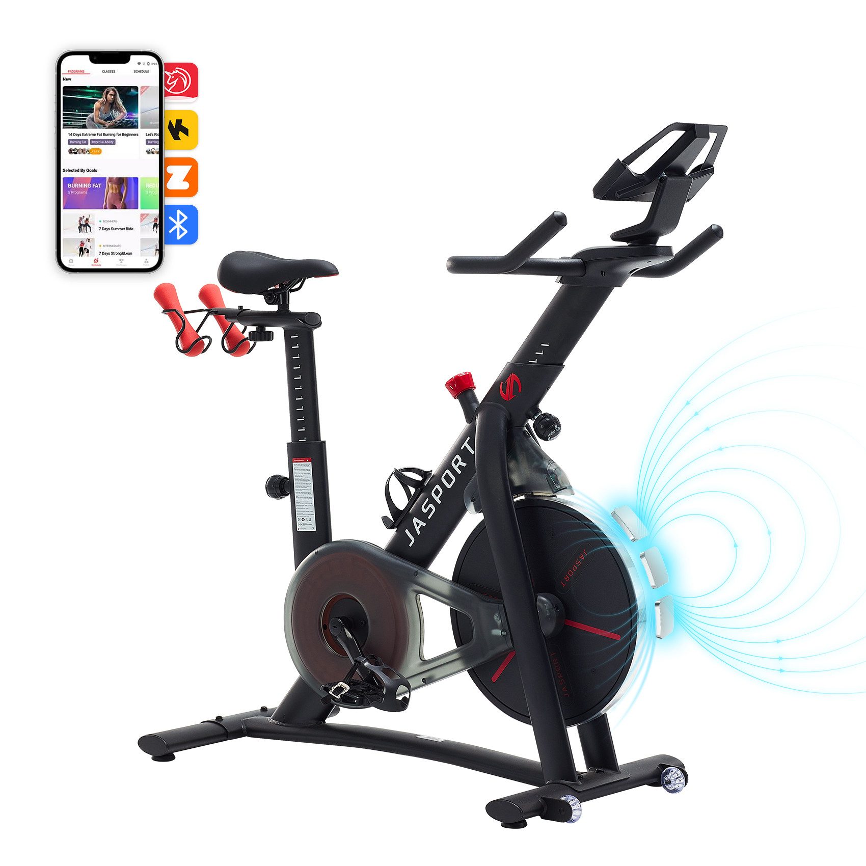 JASPORT Speedbike S3 Heimtrainer Fahrrad, leise, 100 Stufen, Bluetooth, bis 120 kg (2 Kurzhanteln, Tablet-Halterung, Flaschenhalter & Transportrollen), YESOUL-App mit Video-Kursen, Kinomap & Zwift, Trainingsdaten-Sync