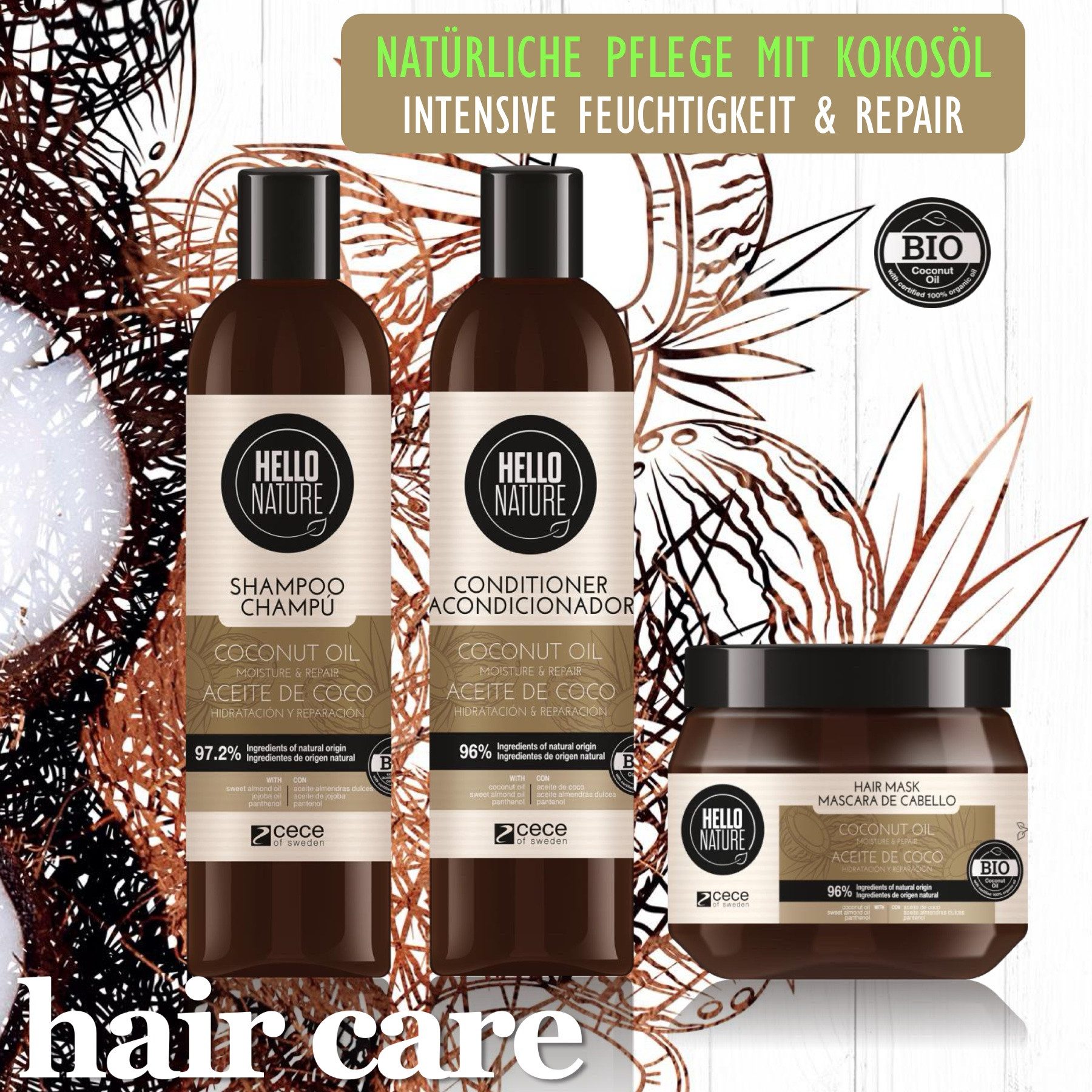 Hello Nature Haarpflege-Set Haar Haarkur Shampoo Conditioner Kokosöl Naturkosmetik Bio Vegan, 2-tlg., Haarpflege Set, Shampoo, Haarspülung, Hello Nature