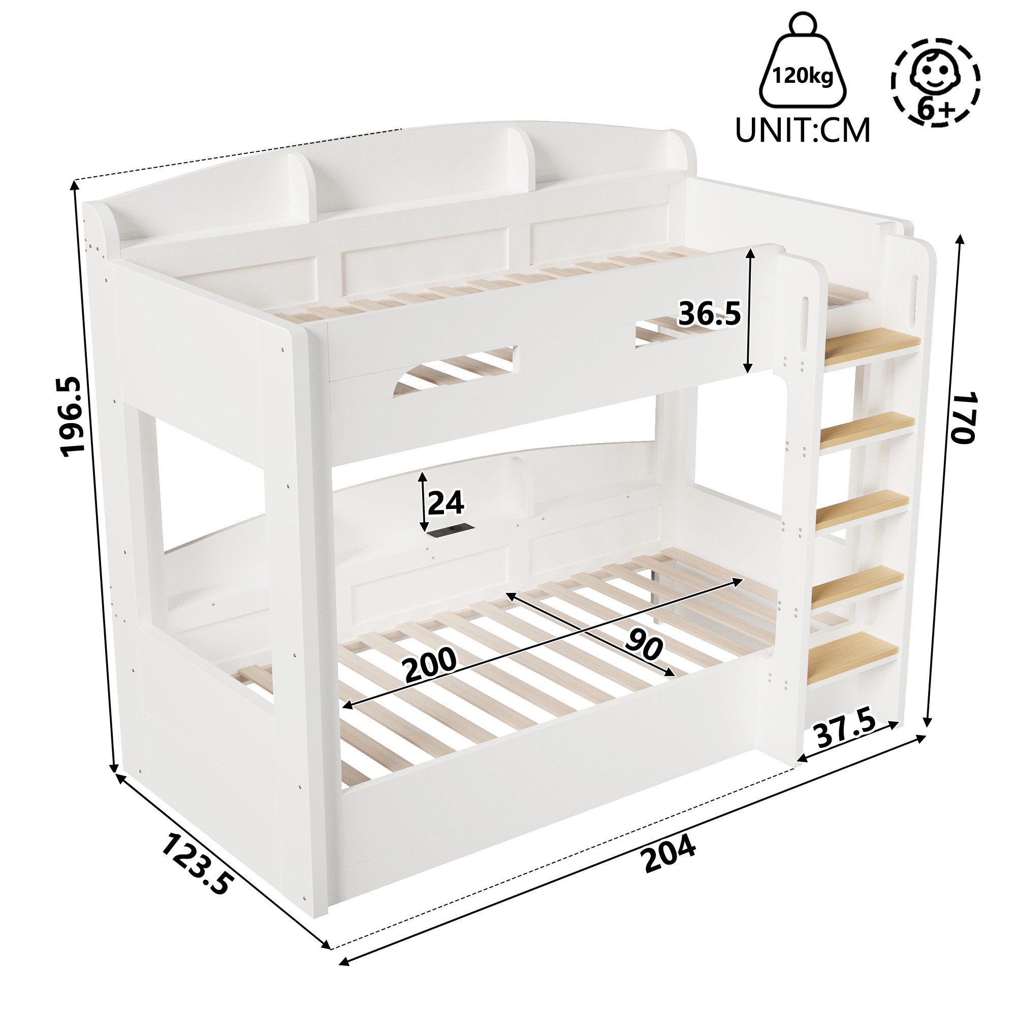 Merax Etagenbett 90x200cm mit Unterbett und USB-Steckdose (Stockbett Jugendbett Doppelbett, 1-St), Kiefer Kinderbett mit Ablagefächern, Leiter & Sicherheitszaun – Bild 4 von 5