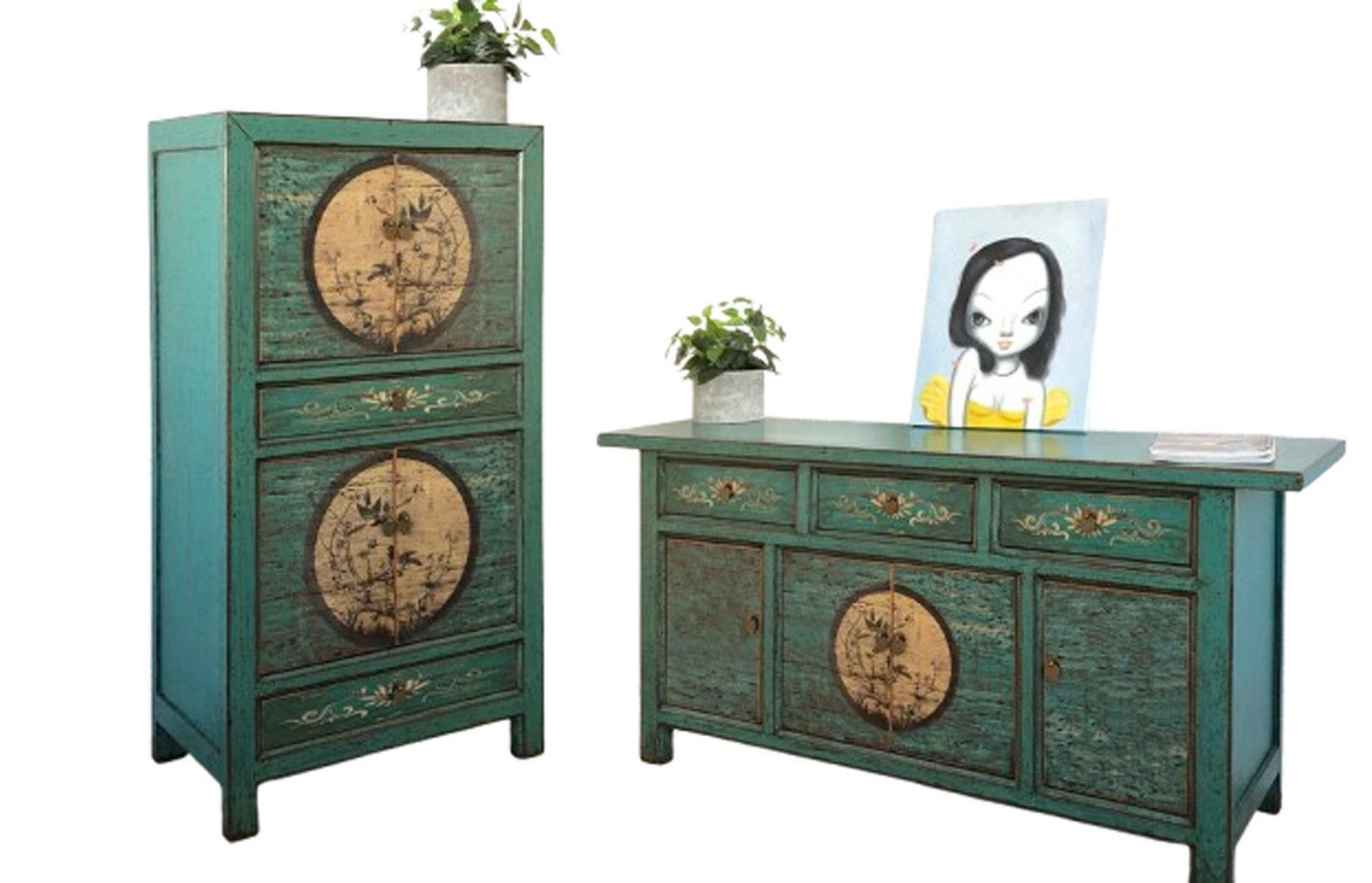 OPIUM OUTLET Wohnzimmer-Set Мебель-Kombination Hochzeitsschrank und Kommode "Aurora" aus Holz, (2-er Set smaragd-grün Landhaus Antik Shabby-Chic-Stil; Asia Мебель komplett montiert, Wohnzimmer-Set bestehend aus Sideboard und Schrank im Vintage-Stil), Schrank Kommode Sideboard asiatisch chinesisch orientalisch
