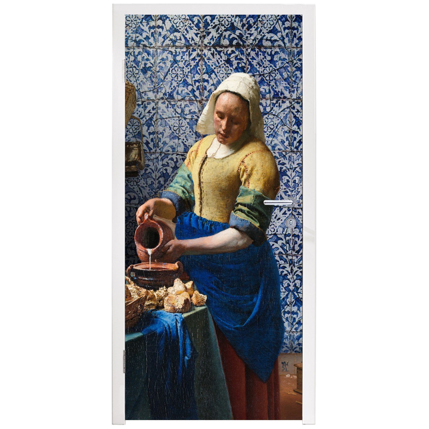 75x205 Türaufkleber, - Vermeer Tür, Alte - cm Gemälde Türtapete Blau St), für Meister, Matt, (1 Fototapete Milchmädchen - MuchoWow Delfter - bedruckt,