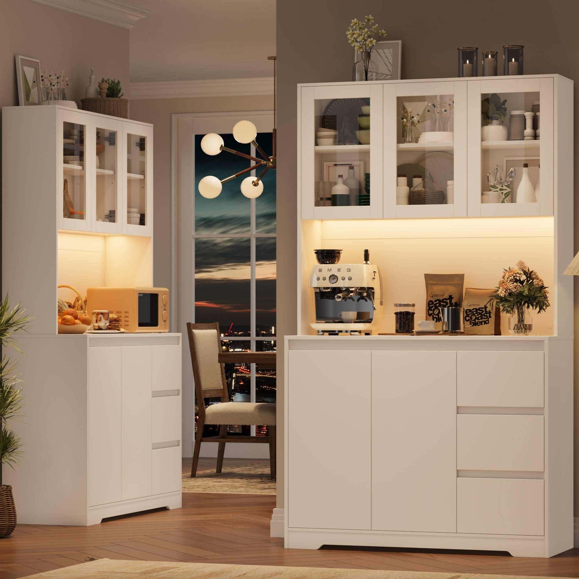 Homfa Küchenbuffet Küchenschrank Buffetschrank mit LED Sideboard weiß mit Steckdosenleiste & Arbeitsplatte 180x100x38,5cm