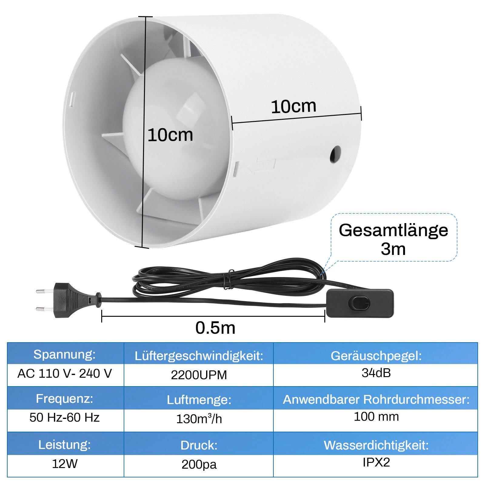 XERSEK Wandventilator Rohrventilator Ø100mm Inline-Abluftventilator Rohrlüf günstig online kaufen