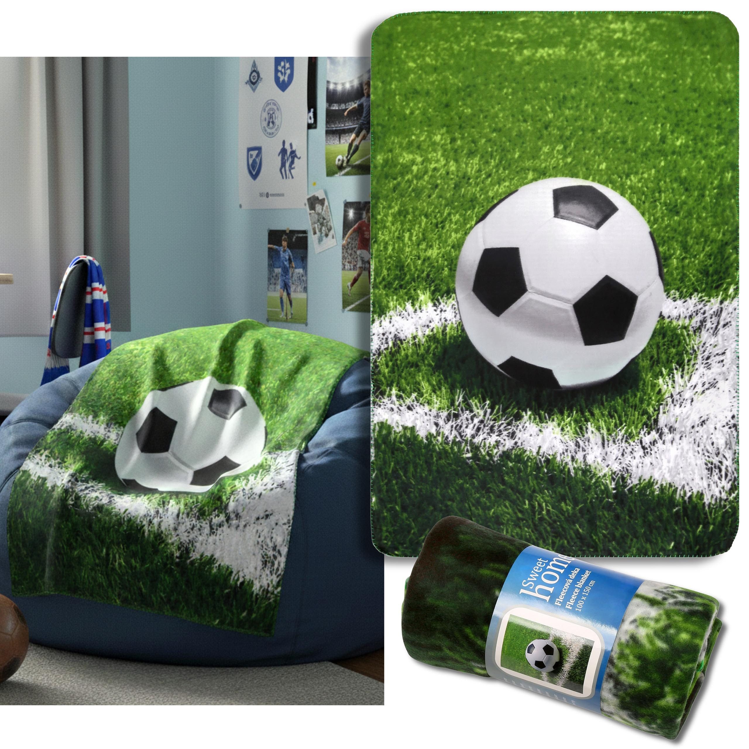 Kinderdecke Fußball Fleecedecke weich 100x150cm, Bettüberwurf für Kinder, Sarcia.eu