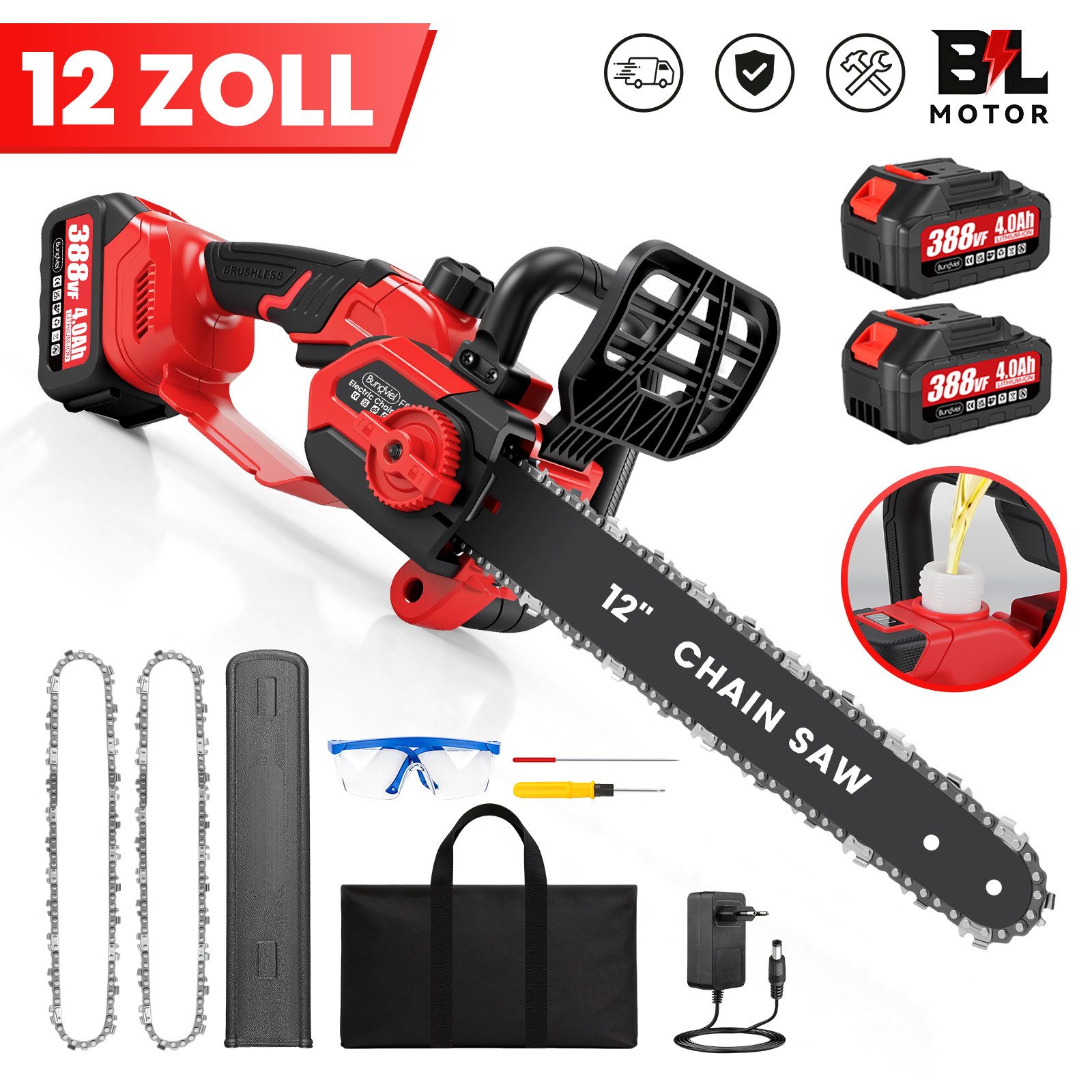 Bundviel Akku-Kettensäge 12-Zoll-Akku-Kettensäge mit 2 × 4000-mAh-Akku, Set, 3 Ketten + 1 Kettenführungsschienen + 1 Schutzabdeckung, 1200 W Bürstenlosmotor Betriebsdauer 2–3 Stunden