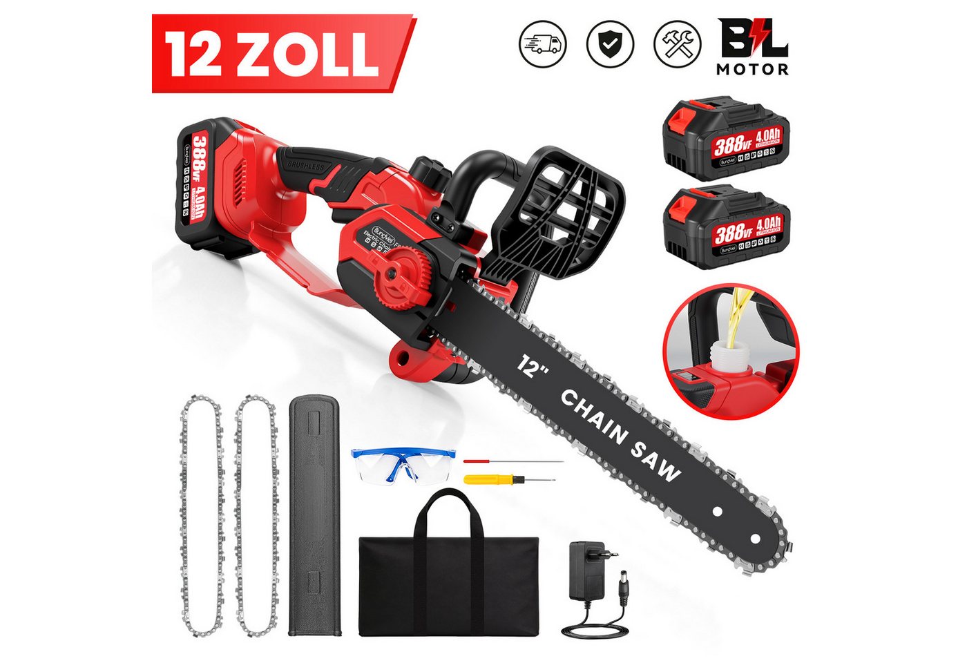 Bundviel Akku-Kettensäge 12-Zoll-Akku-Kettensäge mit 2 × 4000-mAh-Akku, Set, 3 Ketten + 1 Kettenführungsschienen + 1 Schutzabdeckung, 1200 W Bürstenlosmotor Betriebsdauer 2–3 Stunden
